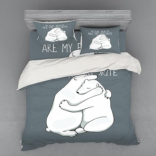Ambesonne Bear Bedding Set, Valentines Themed Your Hugs Lettering with Hugging Arctic Polar Animals Romance, 4 Piece Duvet Cover Set with Shams and