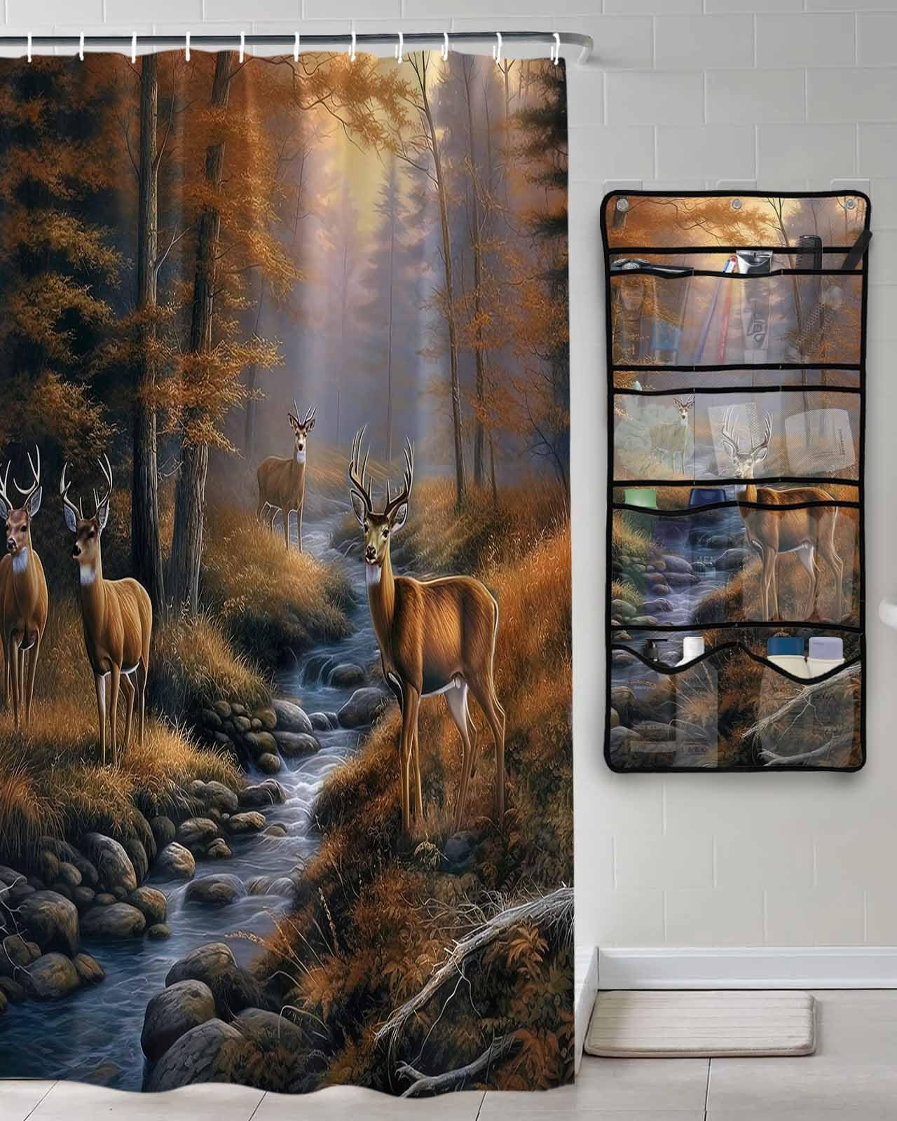 Shower Curtain Mesh Shower Organizer Hanging Set Deer in Sunset Forest Waterproof Shower Curtains with 10 Pockets Quick