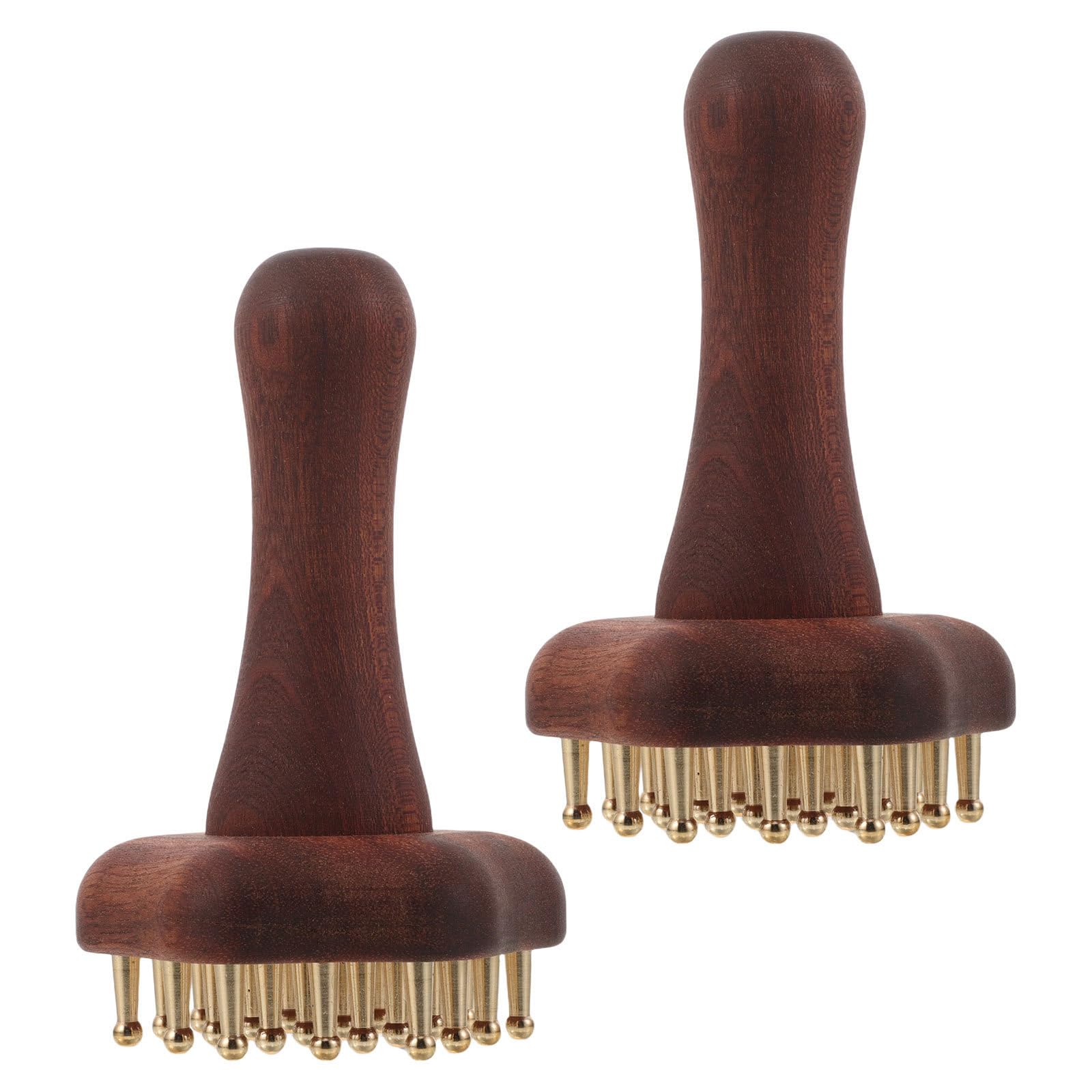 PLAFOPE Cepillo masajeador capilar y masaje cabeza de latón y madera, 24 dientes ergonómico, precisión para aplicación en cuerpo y cuello, spa en casa, 2 unidades
