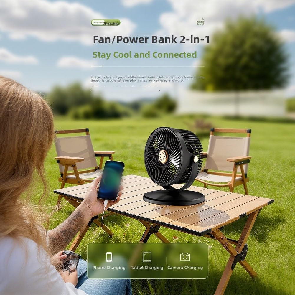 Ventilador solar compacto de pie con tira LED RGB, batería recargable de 4000 mAh, 5 ajustes de velocidad, ventilador portátil ajustable de 360° para dormitorio, camping, oficina (negro)