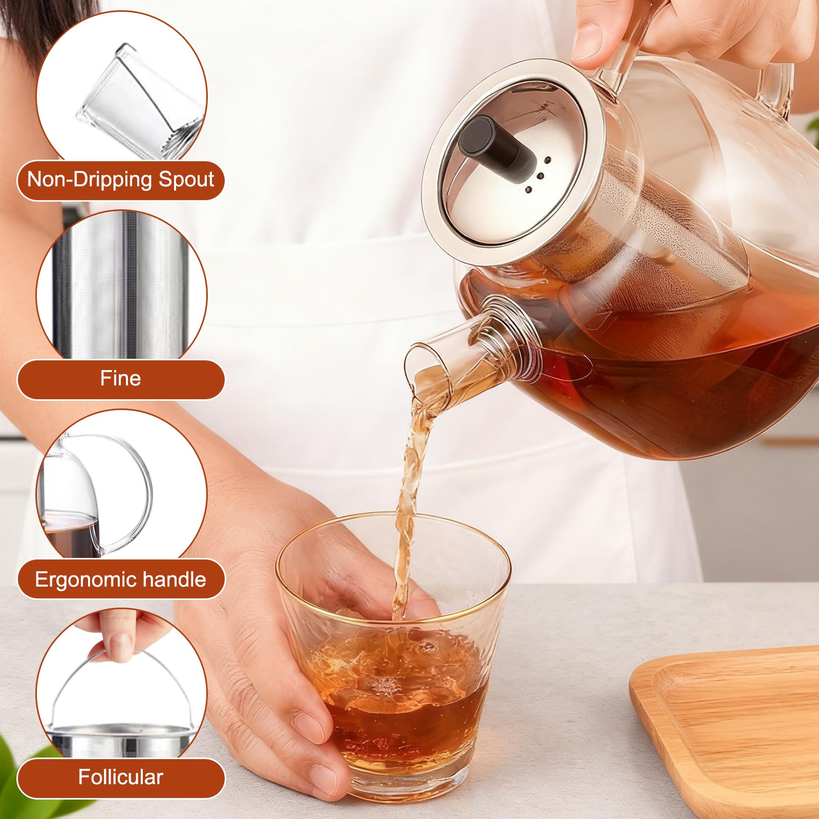 Teiera in vetro con fornello, 1800 ml, con coperchio e elegante fornello da tè, teiera con colino, per tè e bustine di tè sfusi
