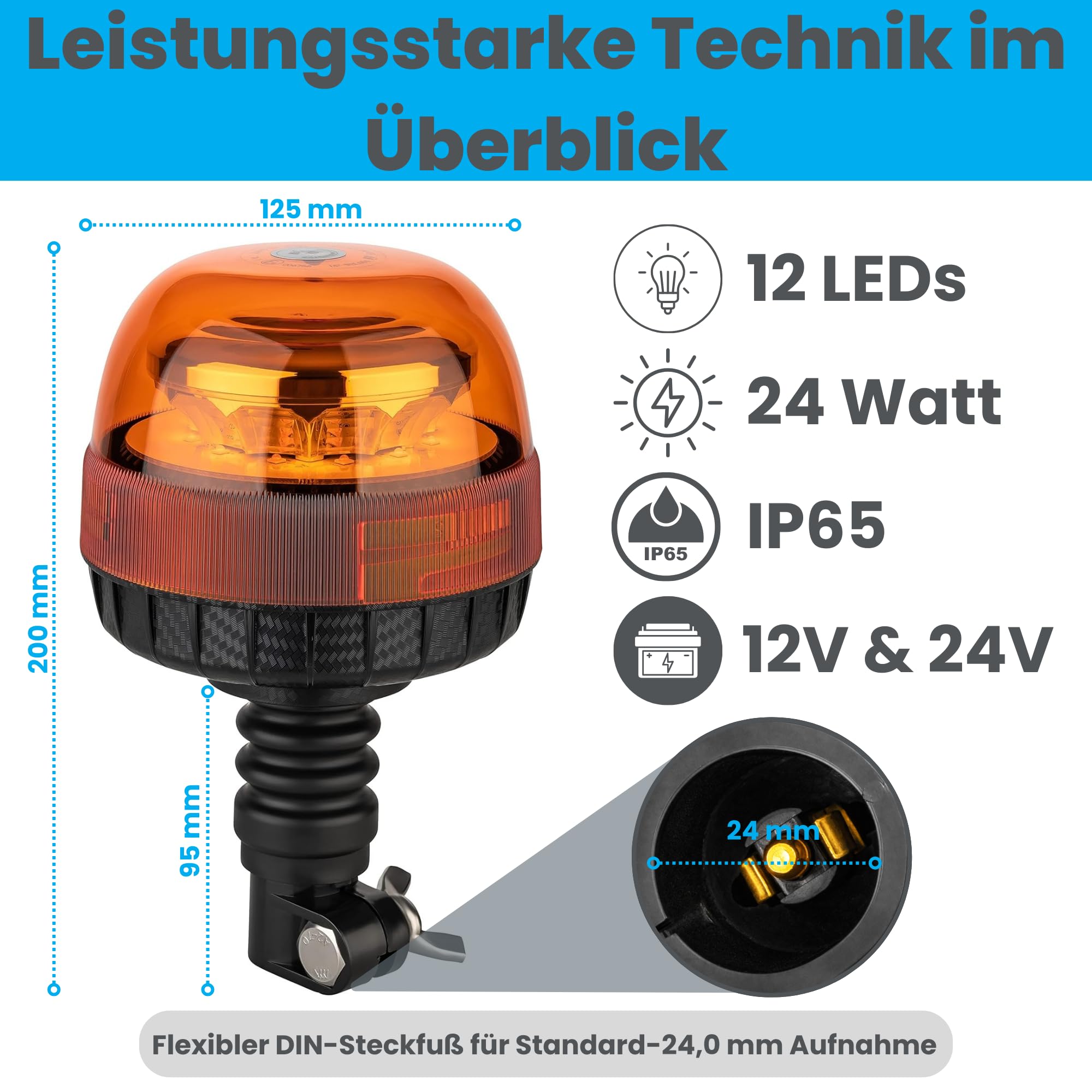 LED Rundumleuchte 12V 24V ECE R65 R10 E4 – 24W Warnleuchte mit Gummifuß – 2 Blitzmodi – IP65 wasserdicht – Rundumkennleuchte für Traktor LKW Anhänger 125x200mm