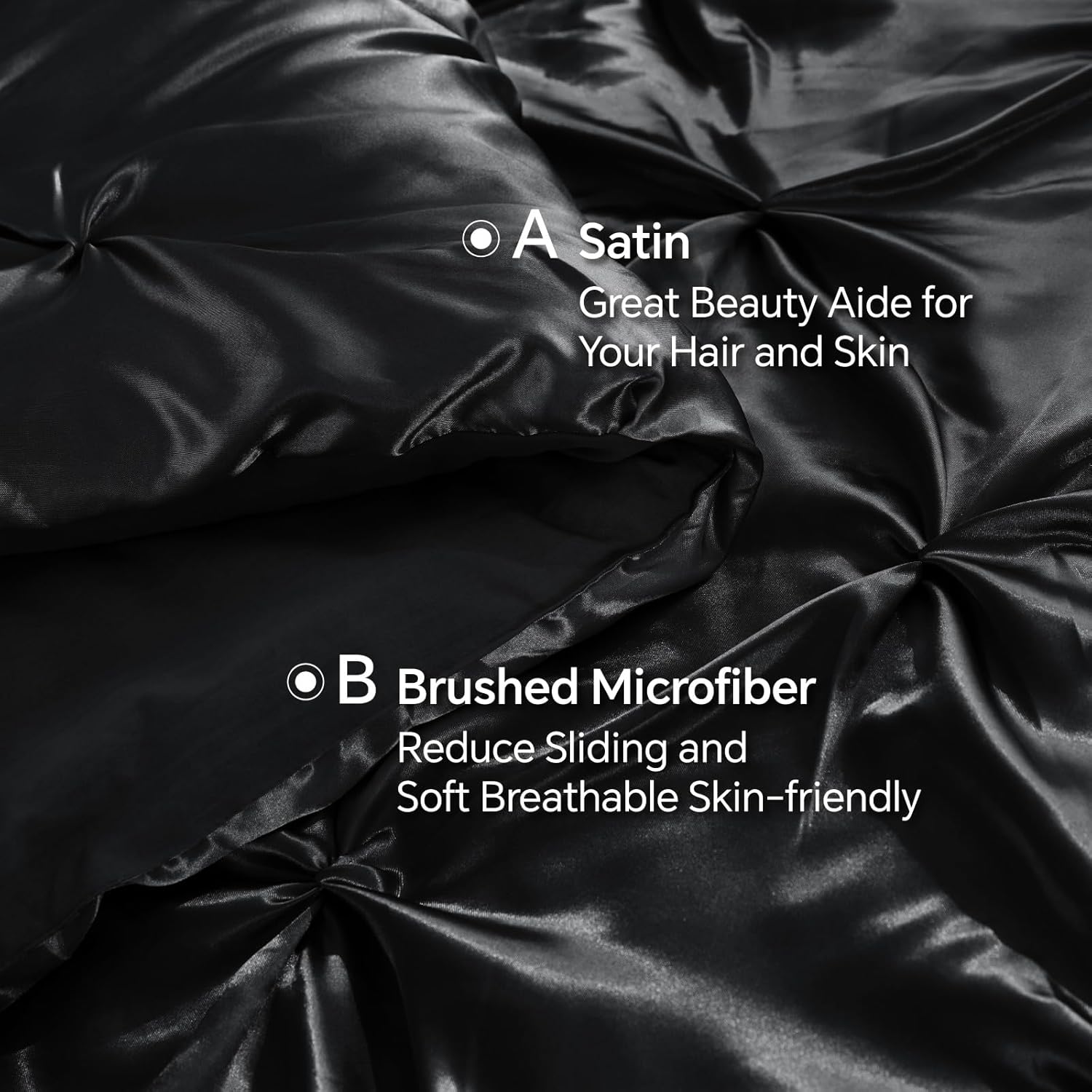 BEDELITE Satin Comforter Set Queen Size, 7 Pieces Luxury Pintuck Bed in A Bag with Comforter, Flat Sheet, Fitted Sheet, Pillowcases, Shams, Soft Cozy Similar to Silk Bed Set for All Seasons (Black)