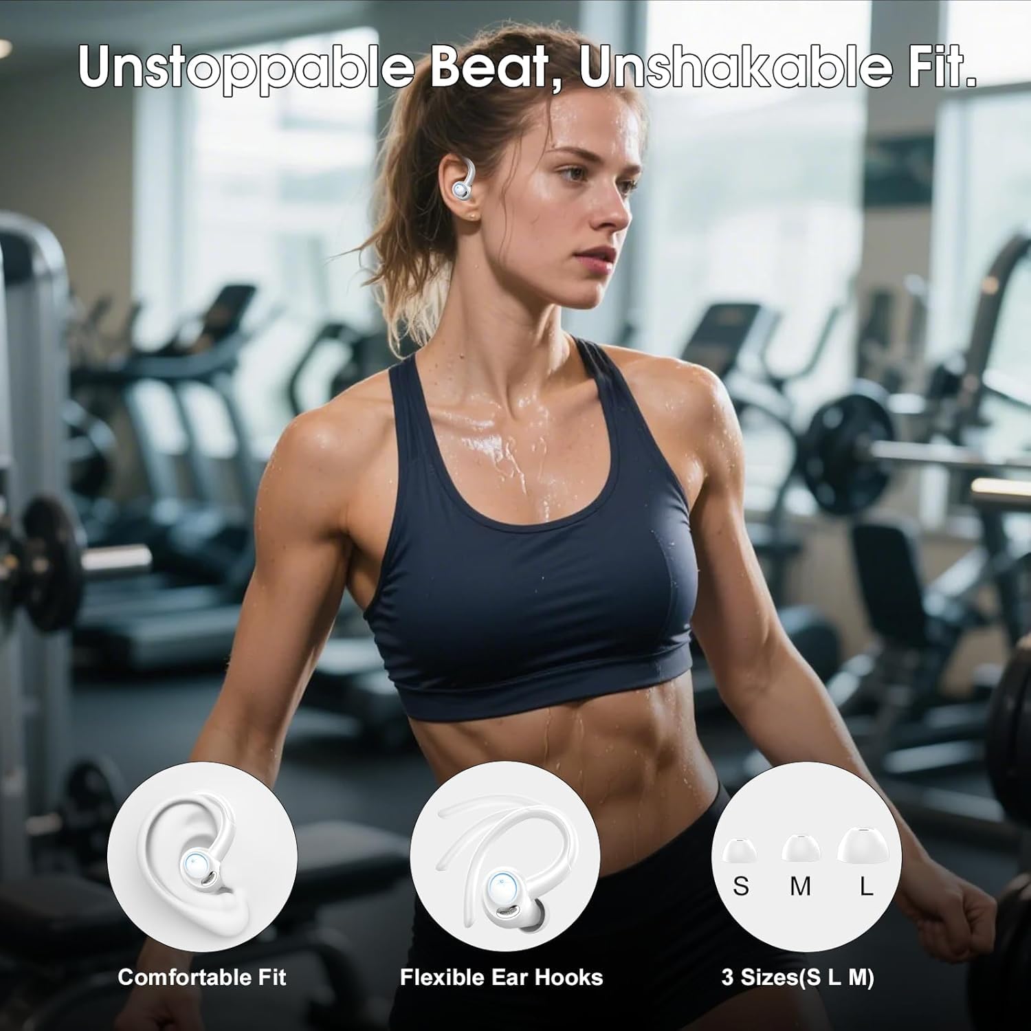 Csasan Auriculares inalámbricos Deportivos, Cascos Sonido Premium | 48H Bluetooth 5.3 Auriculares con HD Micrófono y Pantalla LED, Diseño de Gancho de Aire, iOS Android para Deportes, Blanco