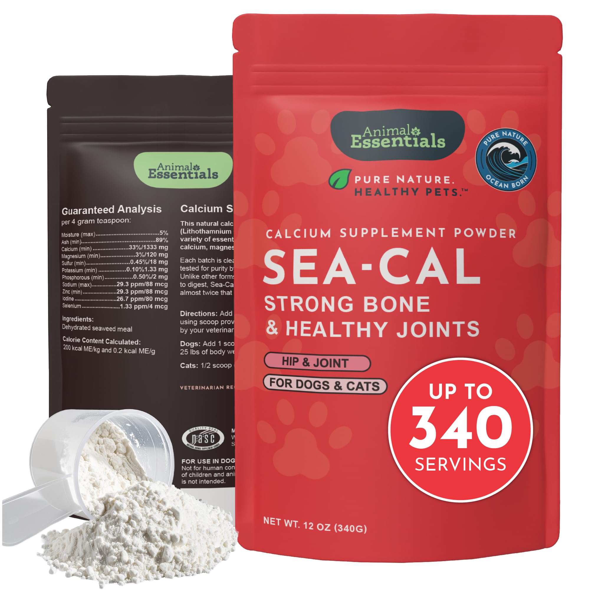 Animal Essentials Sea-Cal - Pure Seaweed Calcium Powder for Dogs with Magnesium, Joint Supplement for Dogs & Cats for Healthy Bones & Teeth, Joint Health, Vegan Icelandic Seaweed Calcium - 12 oz