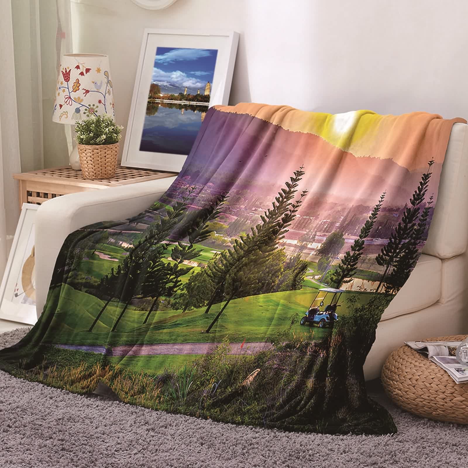 Aeici Coperta da letto soffice, grande coperta verde in flanella prato, tramonto 171 x 200 cm, per viaggi e campeggio