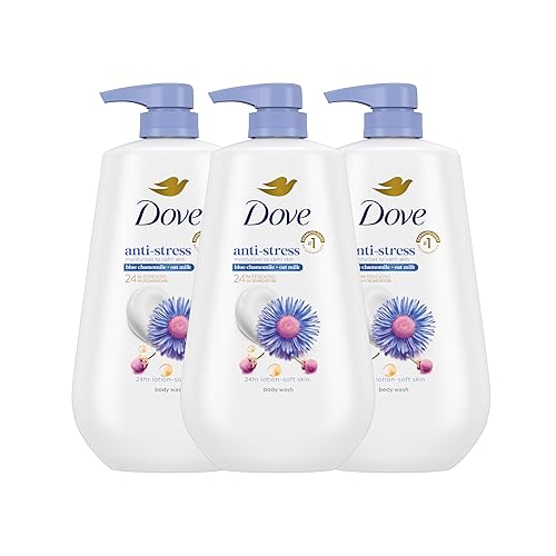 Dove Gel de baño con bomba de manzanilla azul antiestrés y leche de avena, 3 unidades para una piel renovada y de aspecto saludable, limpiador