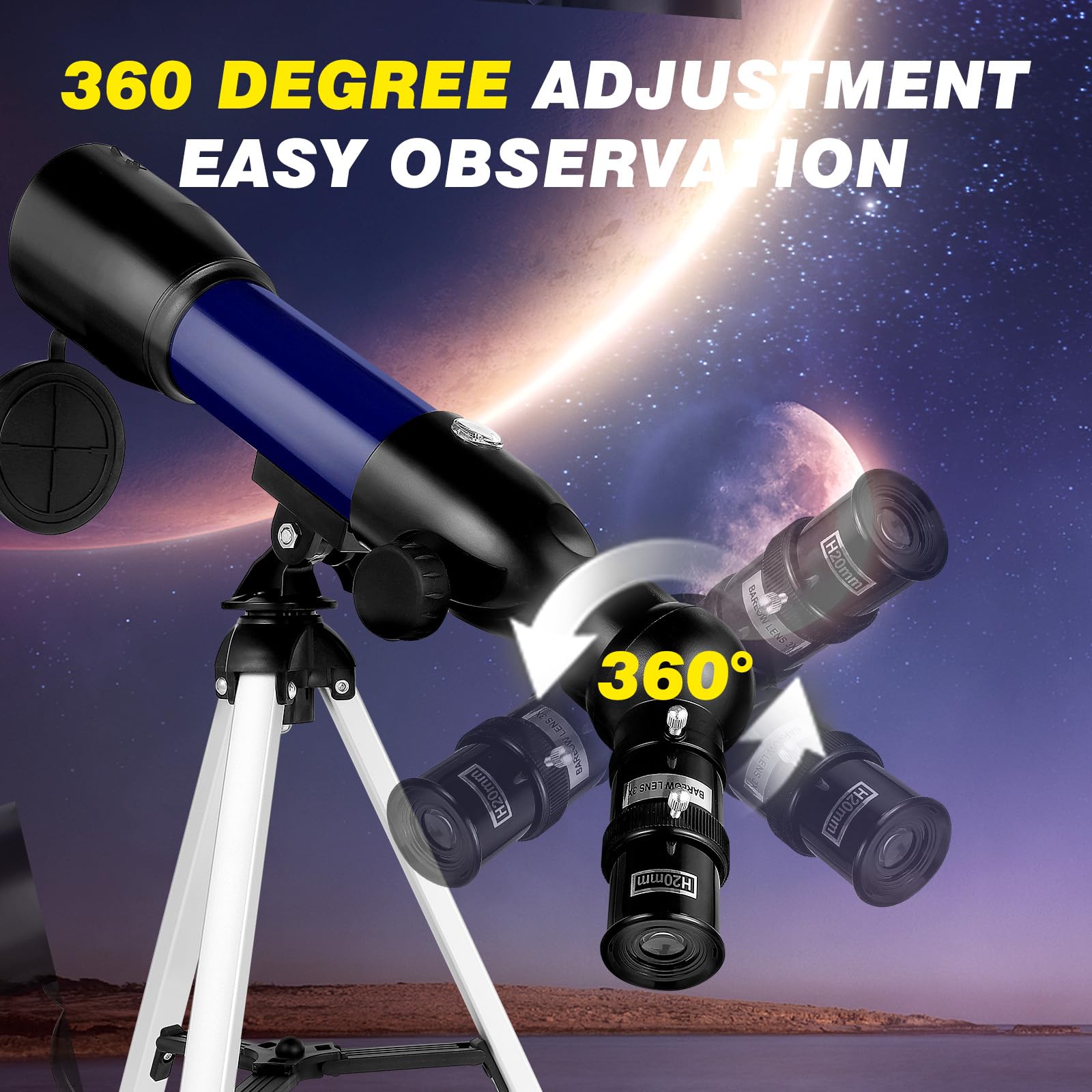 Télescope Astronomique Enfants, 360/50mm HD Réflecteur Télescope, Lunette pour débutants, Trépied Portable en Aluminium, Enfants Cadeau