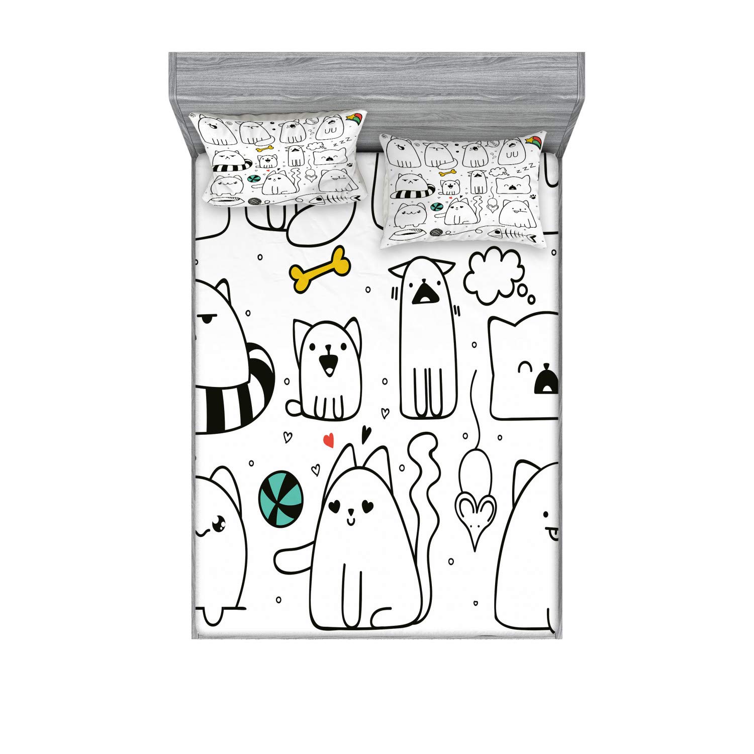Ambesonne Cartoon Fitted Sheet & Pillow Sham Set, Hand Drawn Sketchy Funny Cats with Toys and Colored Shapes for Art, Decorative Printed 2 Piece Bedding Decor Set, King, Dark Grey Multicolor