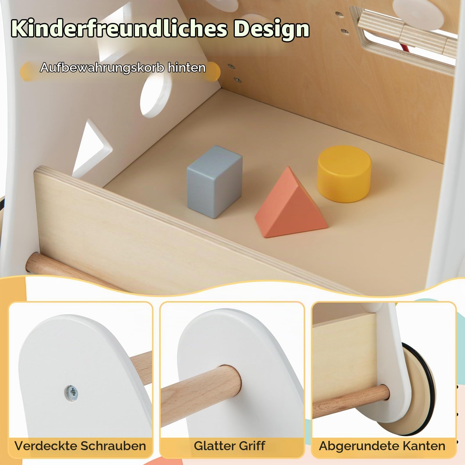 FANTASK 7 in 1 Lauflernwagen aus Holz, Lauflernhilfe mit Aufbewahrungsbox in Weiß, Montessori Baby Walker mit Spielbrett, Spiegel & Bauklötzen, Jungen und Mädchen ab 1 Jahr