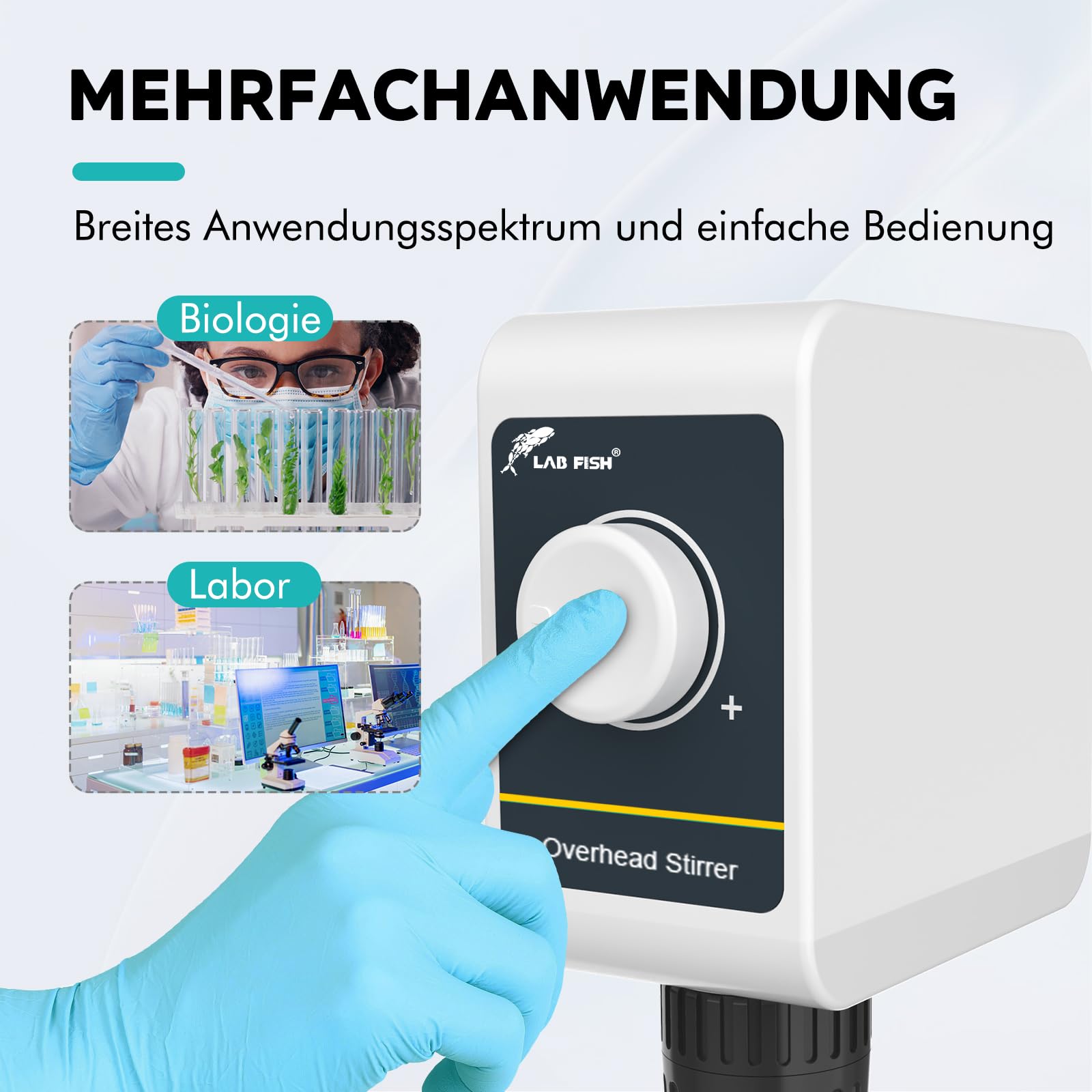 LAB FISH OS-5E Rührwerk Overhead Stirrer, 24W Laborrührer mit Rührblatt & Edelstahl-Ständer, Drehknopf Geschwindigkeit 100-1200 U/min, für max. 10L & 10000 mPas