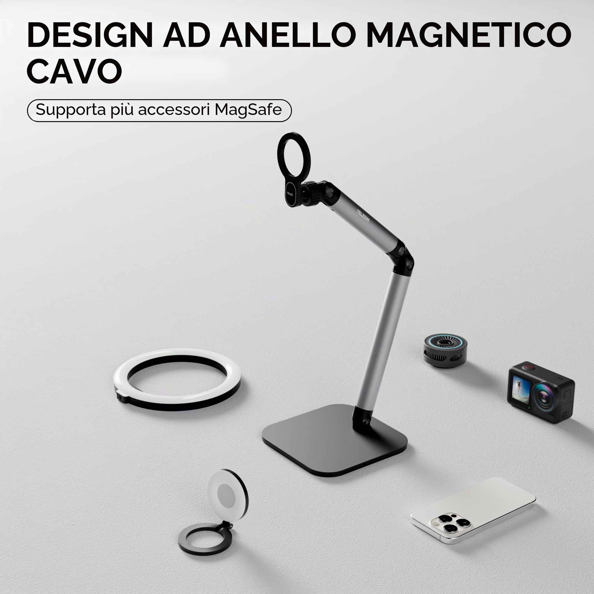 TELESIN° Supporto Magnetico da Tavolo per Telefoni, Supporto Tablet Magnetico con Altezza e Angolo Regolabili, Compatibile con MagSafe, Supporto Porta Poggia Scrivania per Magsafe/iPhone/Android/iPad