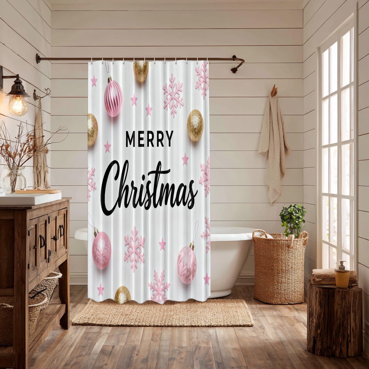 Rose Gold Snowflake Snowball Decor Shower Curtain Set,Black Merry Christmas Polyester Shower Curtain for Shower Stall Bathroom Waterproof with 12 Hooks 72x72 Inch