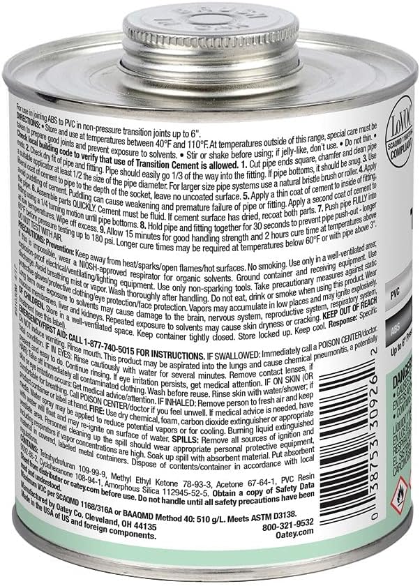 Oatey 30926 Medium Bodied Solvent, 32 Oz, Can, Liquid, Green PVC Transition Cement