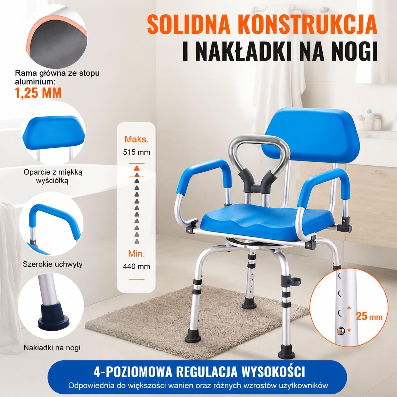 Obrotowe krzesło prysznicowe z wyściełanymi podłokietnikami, udźwig 136 kg, do łazienki