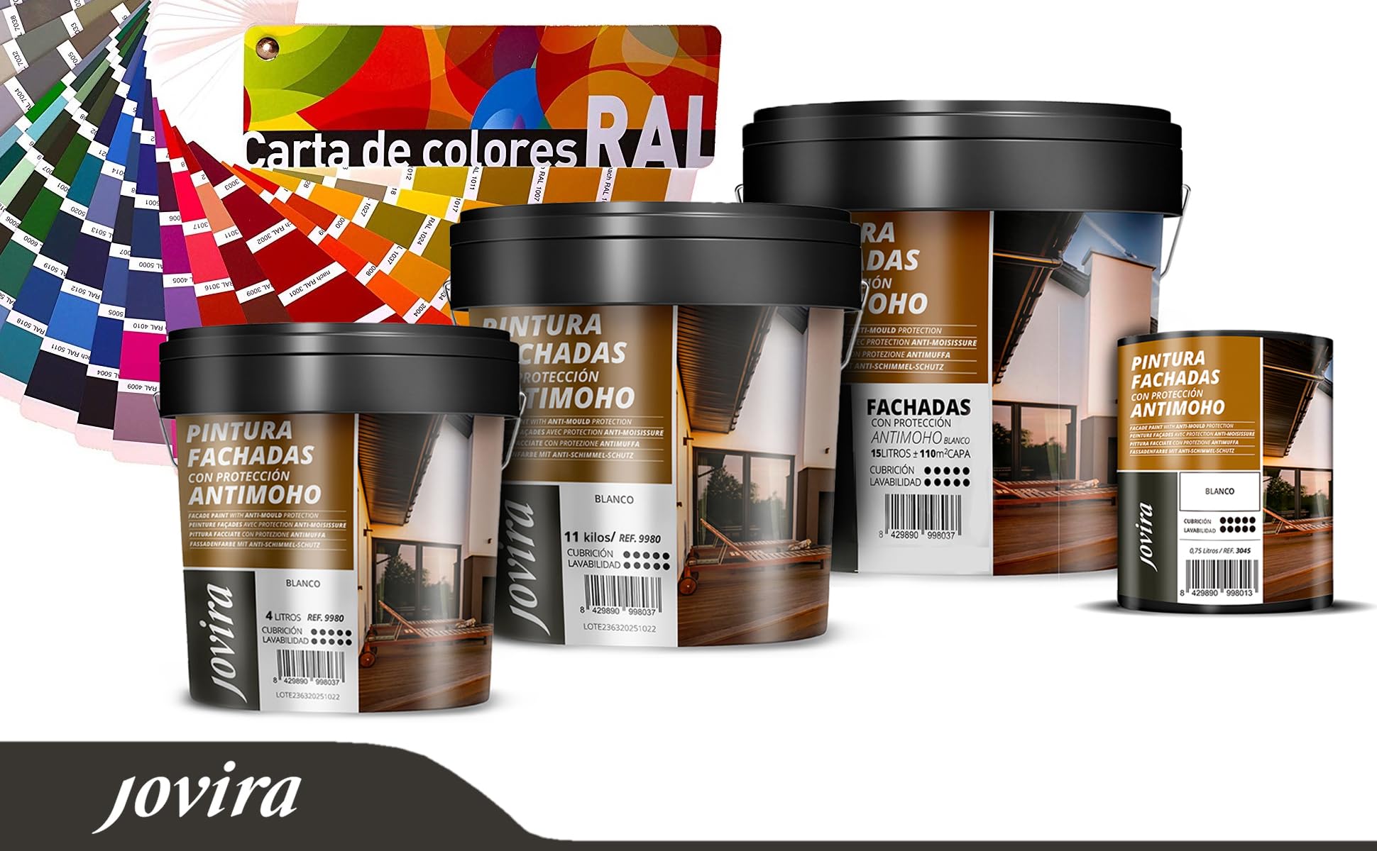 JOVIRA PINTURAS PINTURA FACHADAS ANTIMOHO. Repelente al agua, impermeable y anti fisuras. (4 Litros, Blanco) A-10