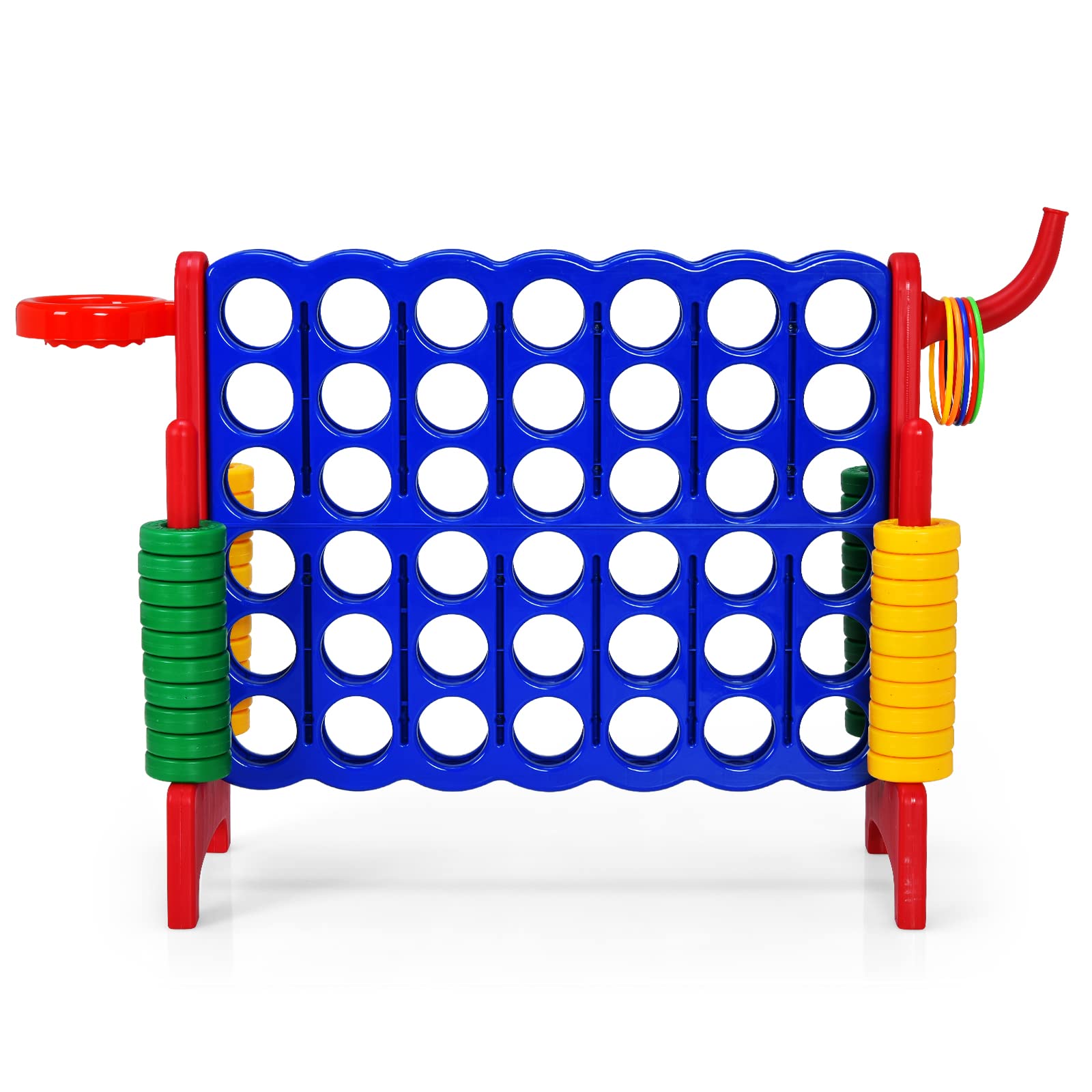 COSTWAY Forza 4 Gigante, Forza Quattro per Bambini con Canestro, Palla, 5 Anelli e 42 Piedine, Giochi Educativi da Esterno ed Interno per Vacanze e Feste, Ideale per Bambini +3 Anni