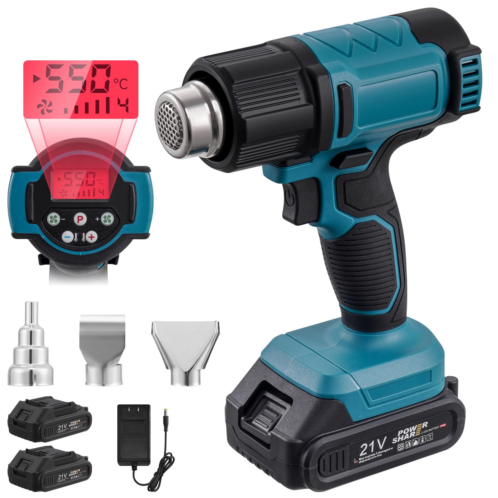 Akumulatorowa dmuchawa na gorące powietrze 21 V, 350 W, szybkie nagrzewanie do 550 ℃ | Zabezpieczenie przed przegrzaniem, 3 dysze, akumulator do opalarki do prac domowych, usuwanie lakieru, rozmrażanie rur