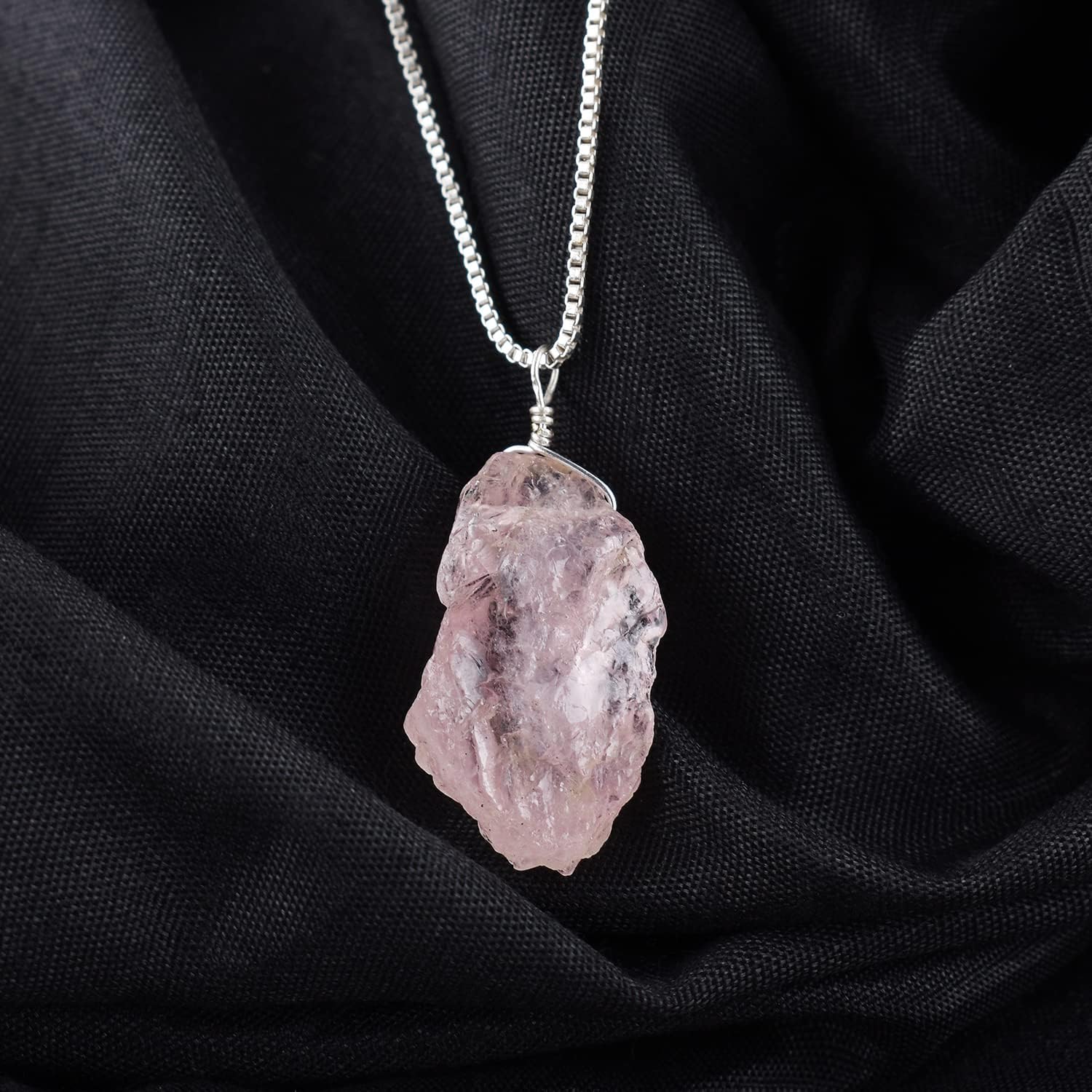 YANARA Natural Raw Pink Morganite Stone Rough Crystal Gemstone Dainty Women Pendant Necklace, Chakra Healing Crystals, Birthstone, Silver Plated Chain 18 inch - Image 2
