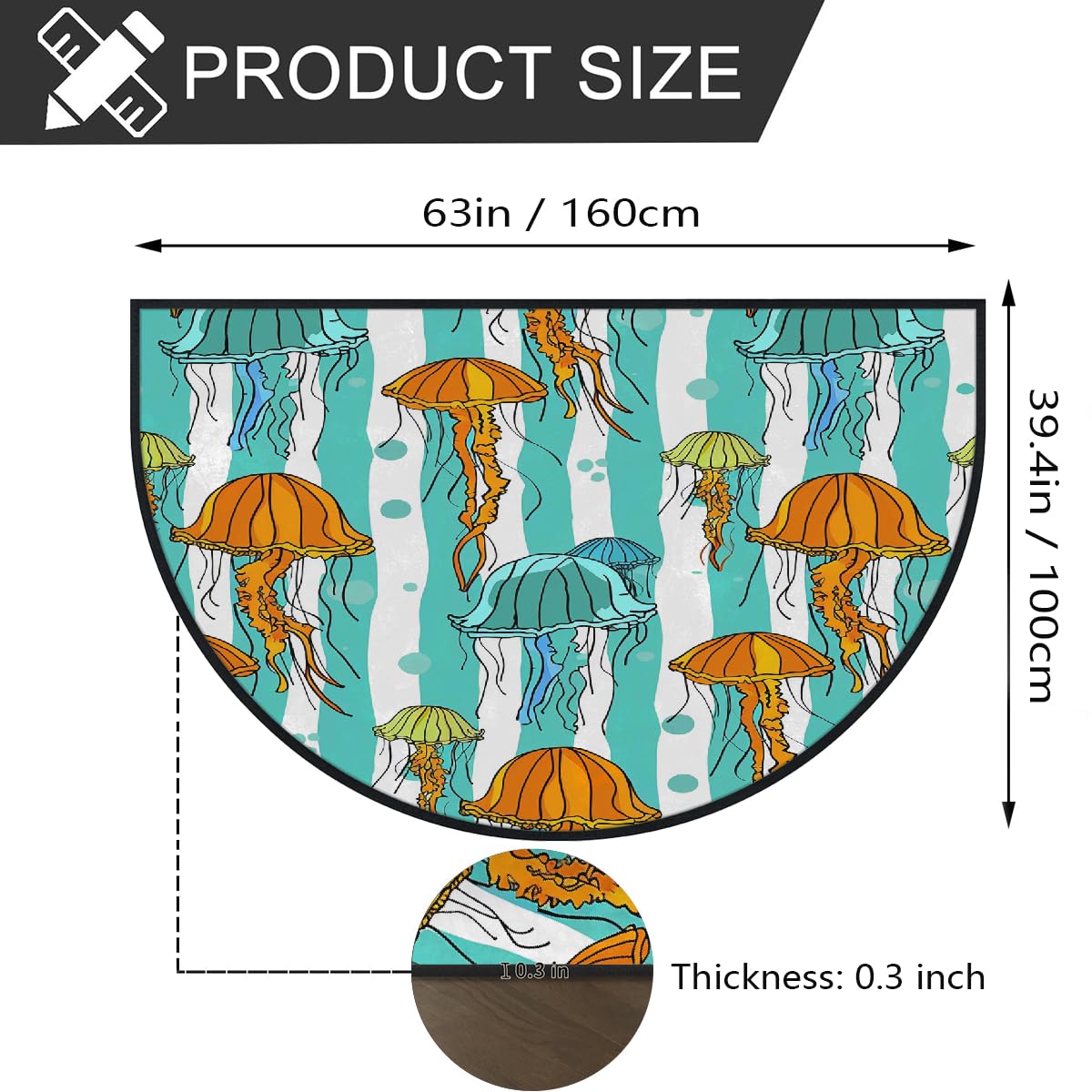 Mexpekil Jellyfish Paillasson demi-lune pour intérieur et extérieur - Lavable - Absorbant la saleté - Demi-rond - 100 x 160 cm