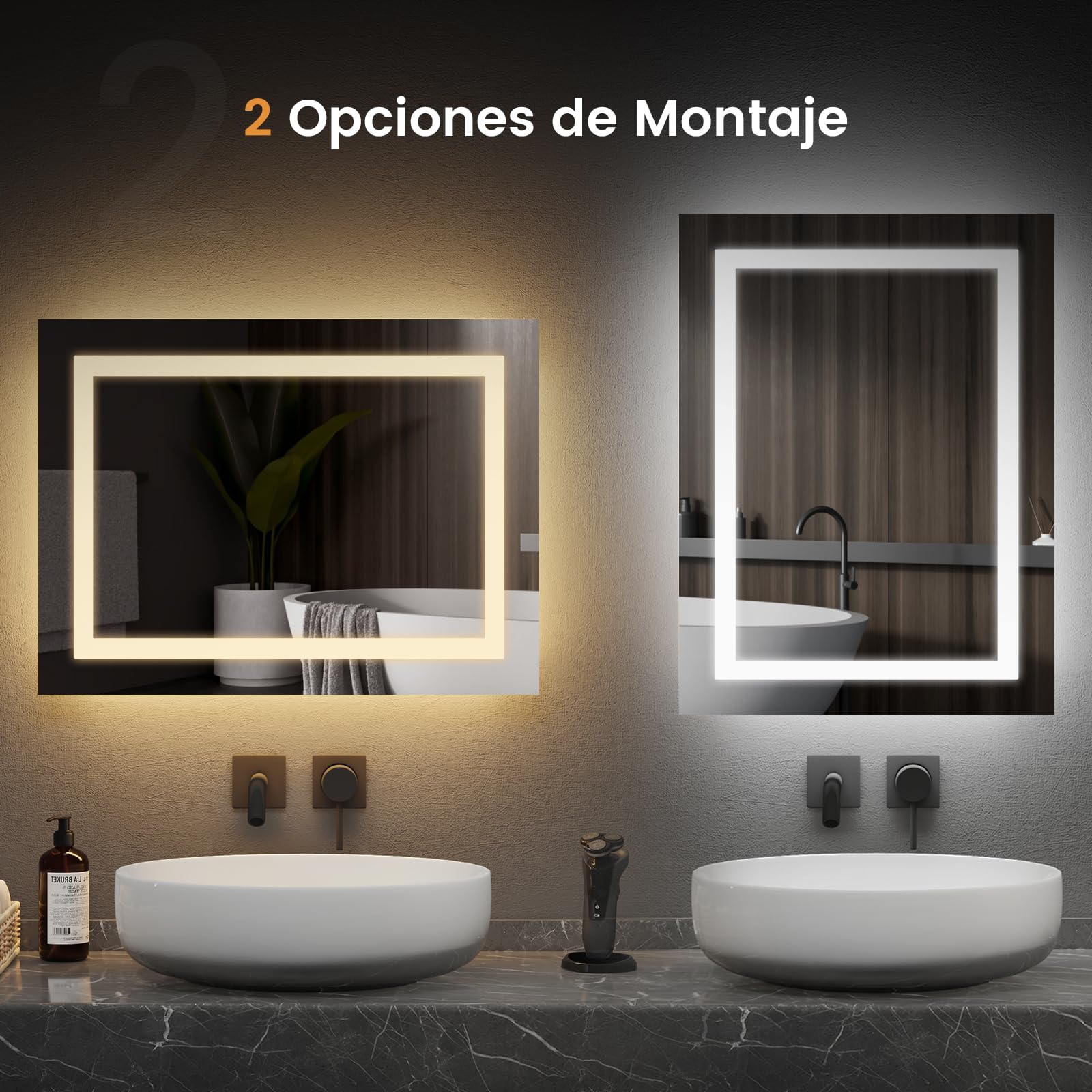 Espejo De Baño Iluminado 45x60 Cm - Antivaho, 2 Luces (Blanca 6500K/Cálida 3000K), Interruptor Mecánico, Función Memoria
