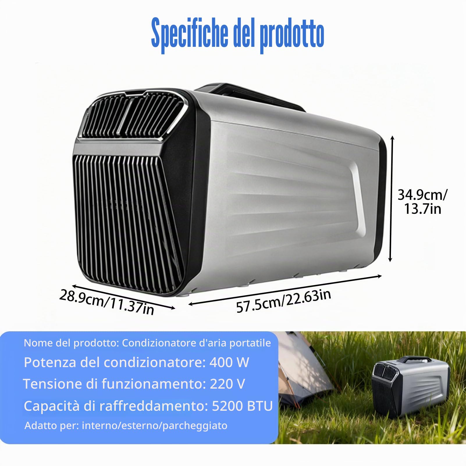 Condizionatore Portatile da 5200 BTU per Il Campeggio, unità di Climatizzazione a Risparmio Energetico 400 W con Telecomando, Raffreddamento E Riscaldamento Rapidi per Barche E Pesca Grey-Cold