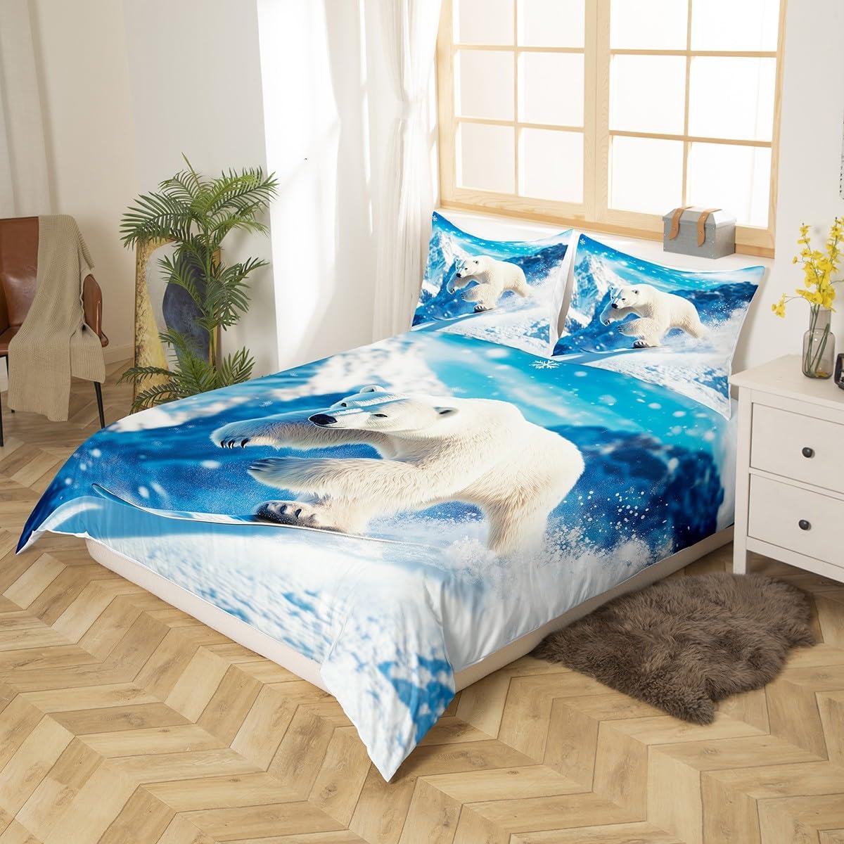 Polar Bear Duvet Cover Set Toddler Size,Skiing Sports Theme Bedding Set 2Pcs for Kids Boys Girls Teens Room Decor,Winter Snow Mountain Comforter Cover Wild Animals Quilt Cover,1 Pillowcase