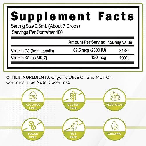 Miniatura 2 de LOOKINGVIBRANT Vitamina D3 + K2 (MK-7) Gotas líquidas con aceite MCT y aceite de oliva, vegetariano, sin OMG, sin soja, sin gluten, sin alcohol, 1