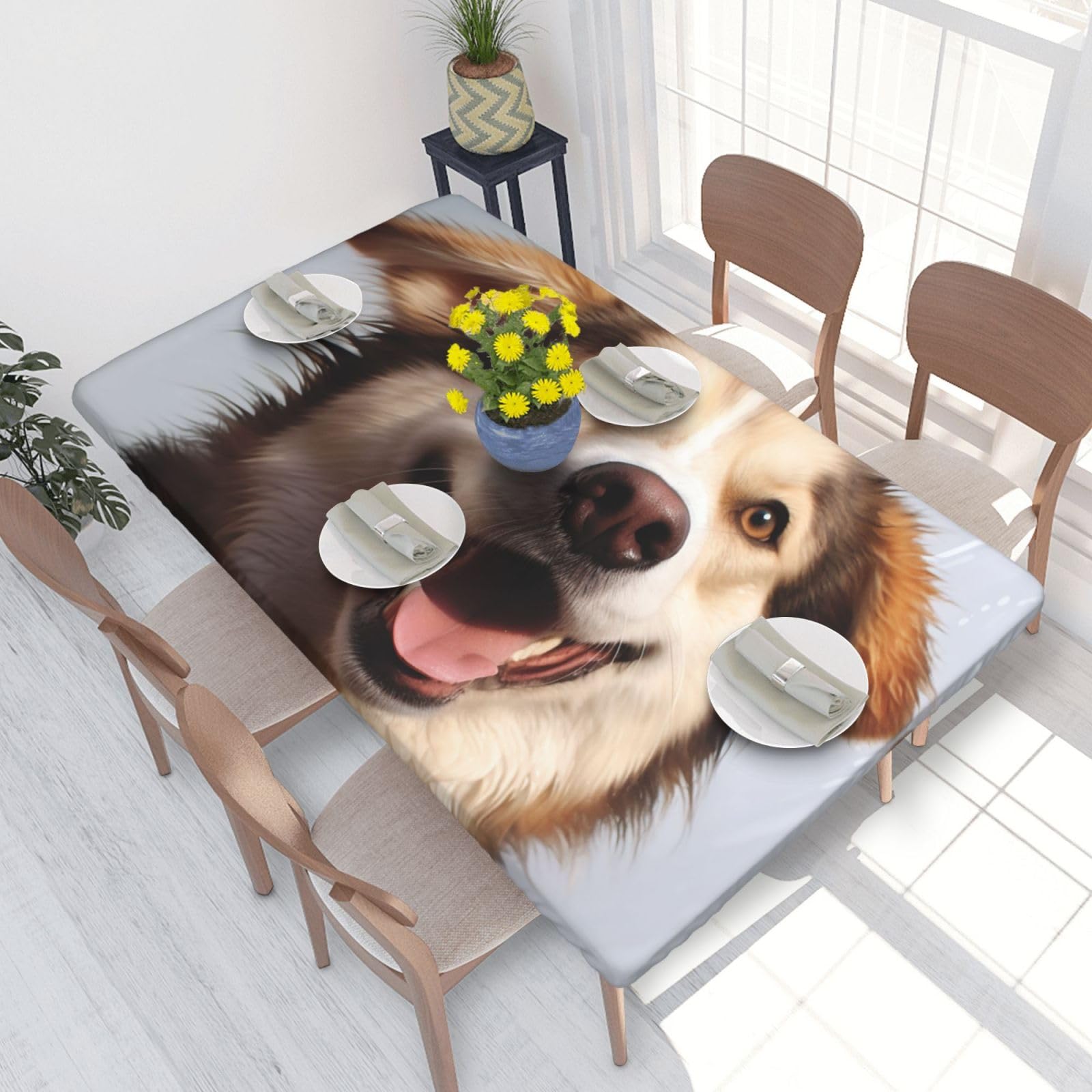 Happy Dog Waterproof Square Table Cover Elastic Fitted Tablecloth Oil Proof Table Protector For 4ft Table