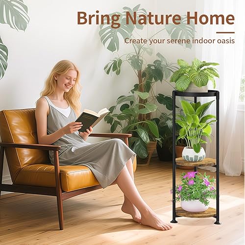 Miniatura 8 de LASZOLA Soporte de 3 niveles negro para plantas para macetas grandes y altas y resistentes, estante vertical de metal de varios niveles para esquina