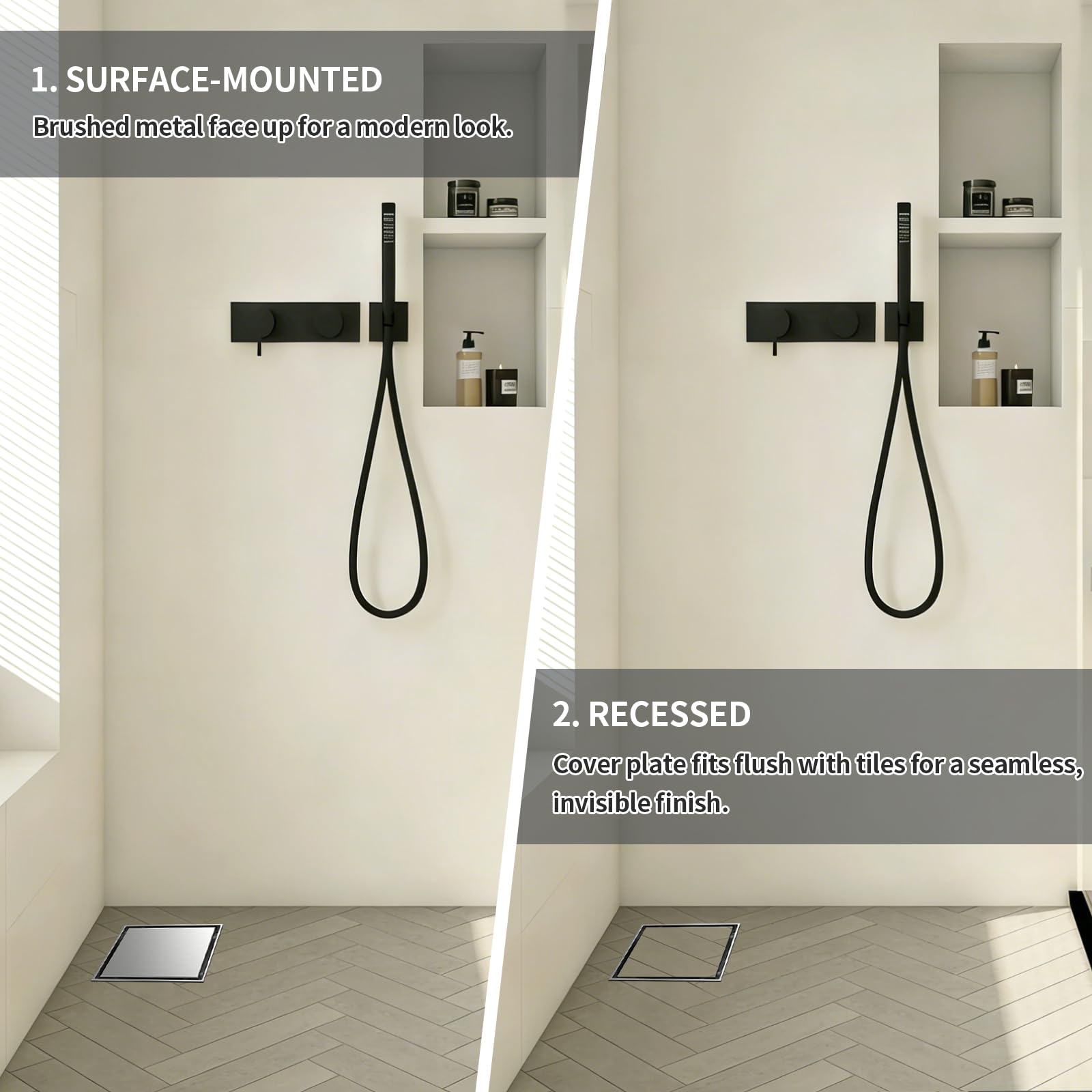 EFUTURETIME 20x20cm Caniveau de Douche Carré INOX, Siphon de Sol Douche Italienne à Carreler avec Raccord DN50/DN40 Bonde Douche Extra Plate Siphon à 360° avec Anti-Odeurs et Filtre à Cheveux