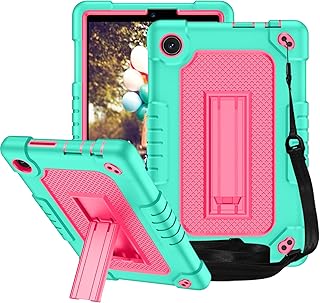 Tablet Case,with Shoulder Strap Soft Silicone&Hard Back Hybrid Shockproof Kids Friendly Case for TCL Tab 8 LE(Model:9137W)/TCL Tab 8 WiFi(9132X) (Green/Pink)