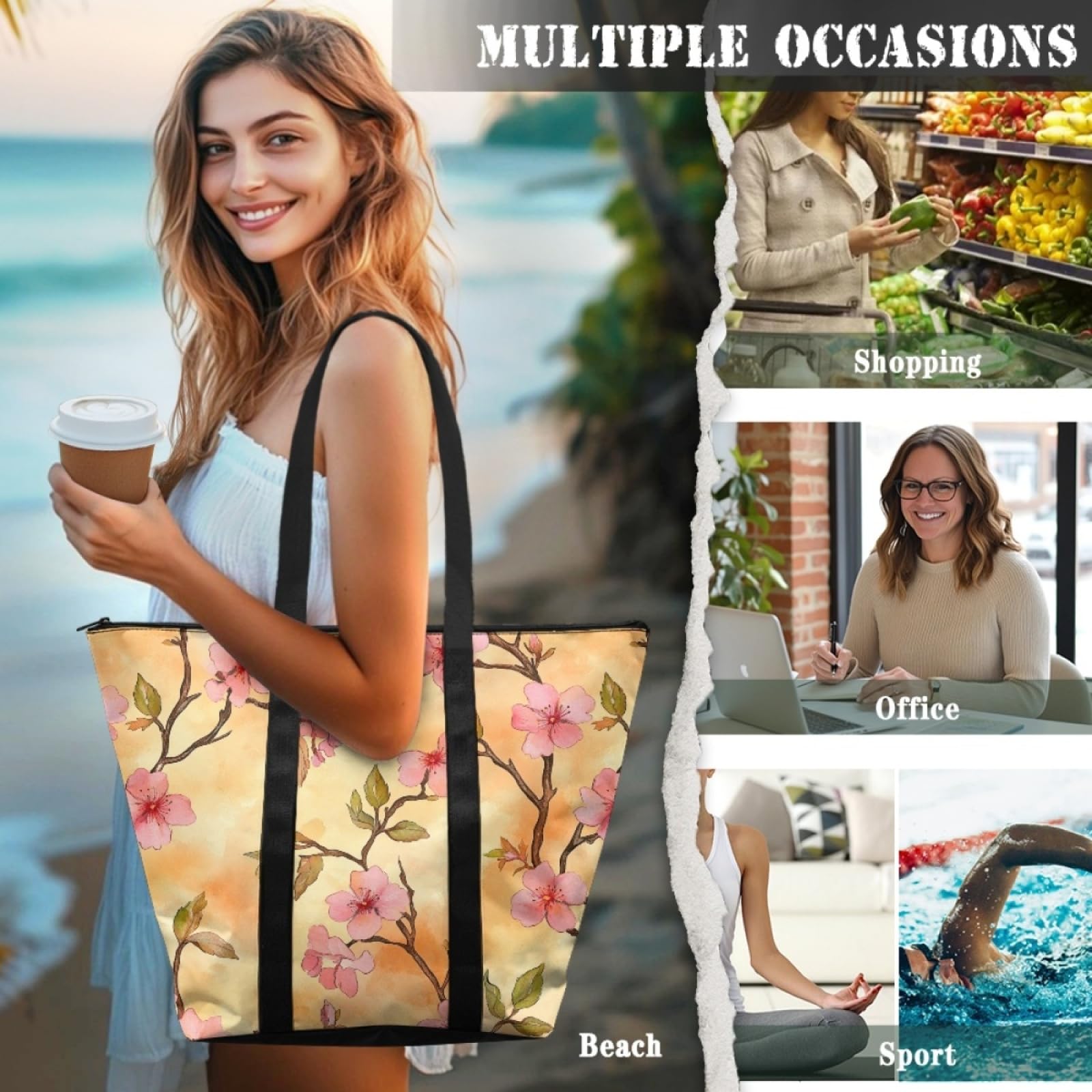 Tote Bag Tela Bolsas de Tela Poliéster Bolso de Mano de Mujer Reutilizable Bolsa Compra Plegable Tote Bag Cremallera Bolso Viaje Duradero Totebag