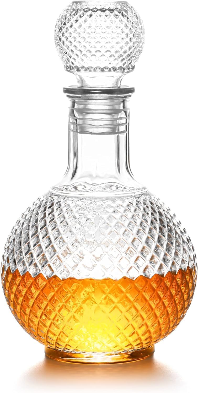 ROSEFINCH Decanter Clear Glass European Style Set of 1, 1000 ml Round Decanter for Liquor, Whisky, Vodka, Scotch, Wine, Beer, Milk, Juice, Water, Tea with Square Lid Square Whiskey Decanter 1