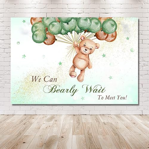Miniatura 6 de MEHOFOND Telón de fondo de baby shower con texto en inglés "We Can Bearly Wait to Meet You" de 10 x 7 pies, globos verdes y marrones, purpurina