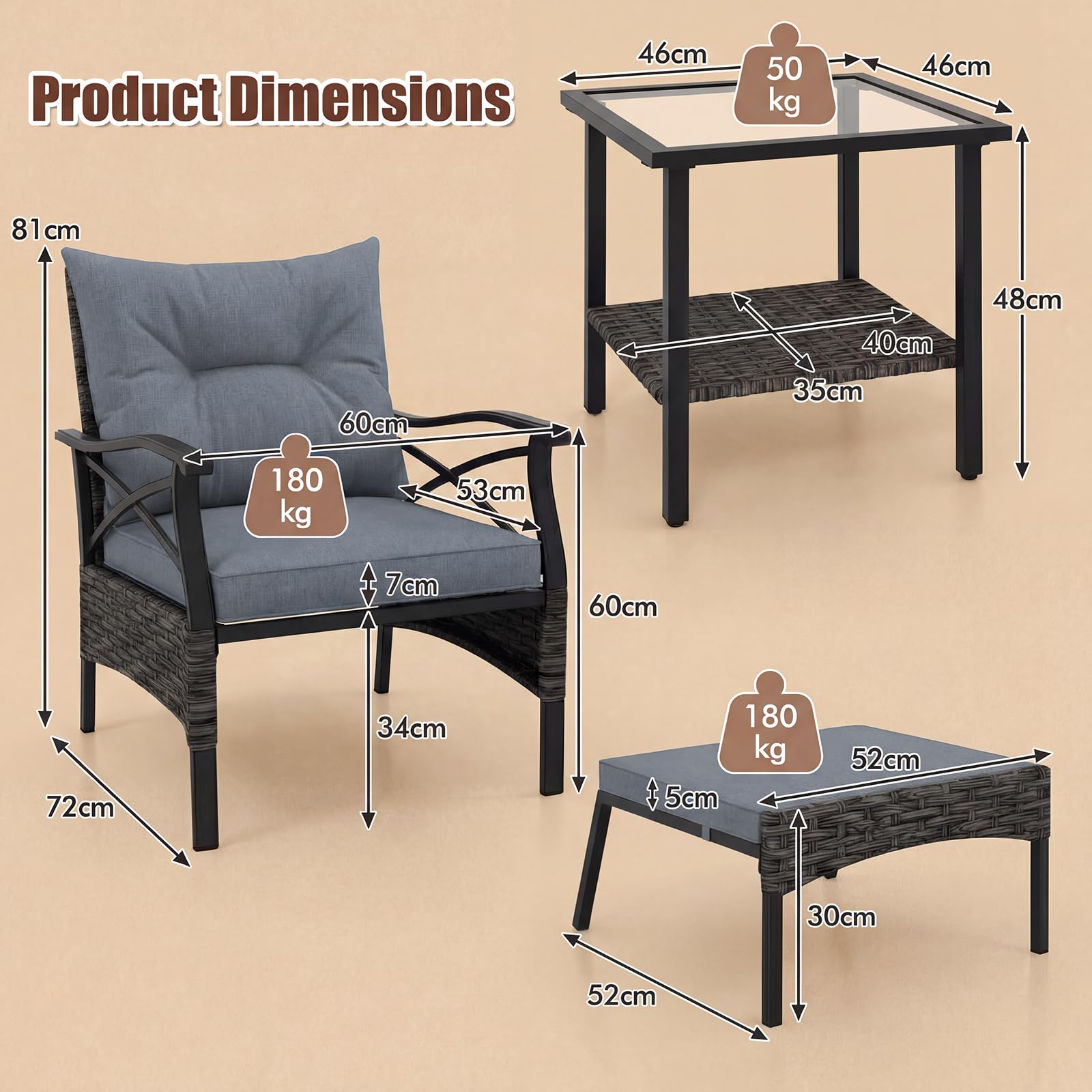Giantex 5-teiliges Rattan Gartenmöbel Set, Balkonmöbel Kleiner 2-4 Personen, Lounge Möbel Outdoor mit Tisch, 2 Sessel, 2 Hocker, inkl. Rückenkissen & Sitzkissen, Terrassenmöbel