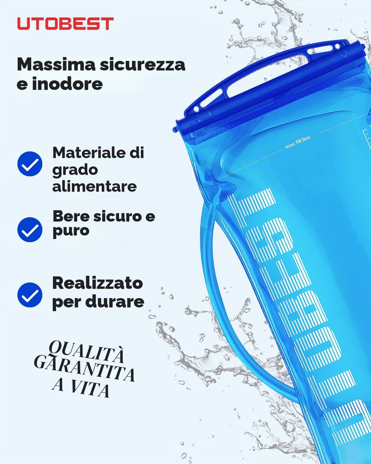 UTOBEST Sacca Idrica, 1L 1,5L 2L 3L, Sacca Idrica a Prova di Perdite, Serbatoio Acqua Senza BPA, per Corsa, Ciclismo, Campeggio