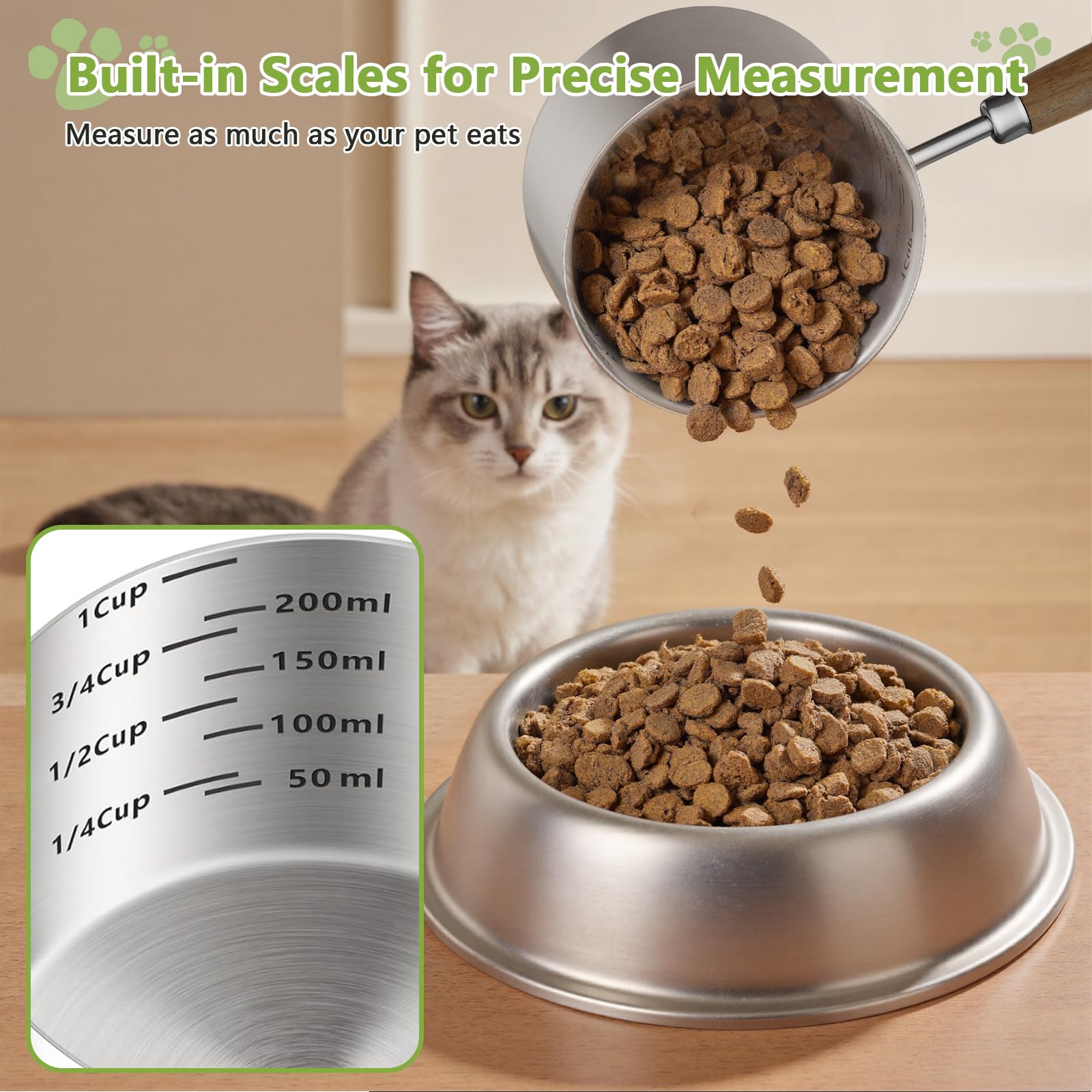 Cuchara de comida para perros y gatos, 1 taza, taza medidora de acero inoxidable 304 con mango largo de madera, cuchara duradera para perros, gatos, conejos, fácil de limpiar con marcas de