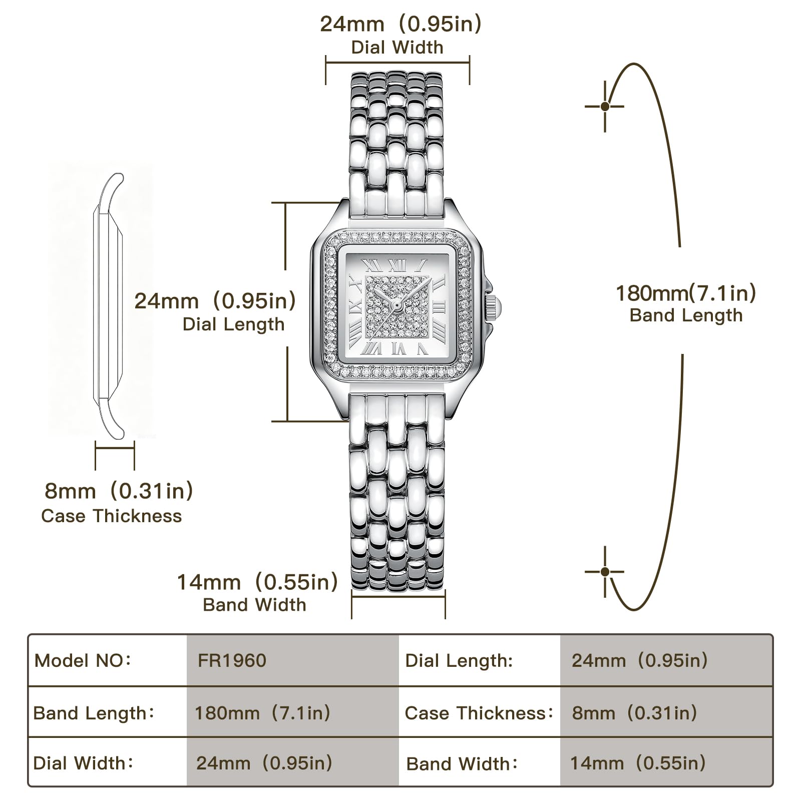 Uhren für Damen mit diamantbesetztem rechteckigem Gehäuse | Römisches Zifferblatt, Edelstahl-Armband, wasserdicht bis 30 m, Armband-Anpassungswerkzeug