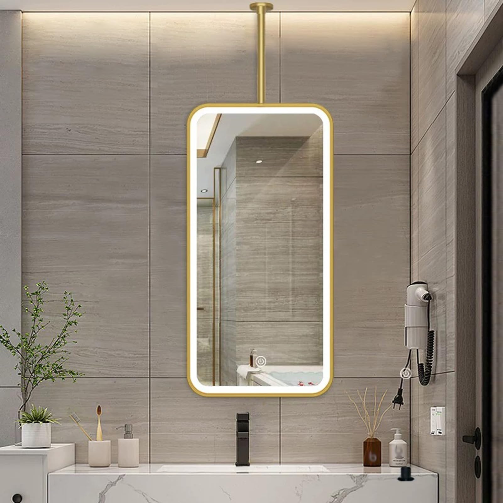 FGXHHS s For Over Sink，Wall Mounted Rectangle LED Mirror Metal Hanging Rod Lighted Mirrors，Suspended HD Glass Vanity for Washrooms Apartment Home Décor(40cmx70cm)