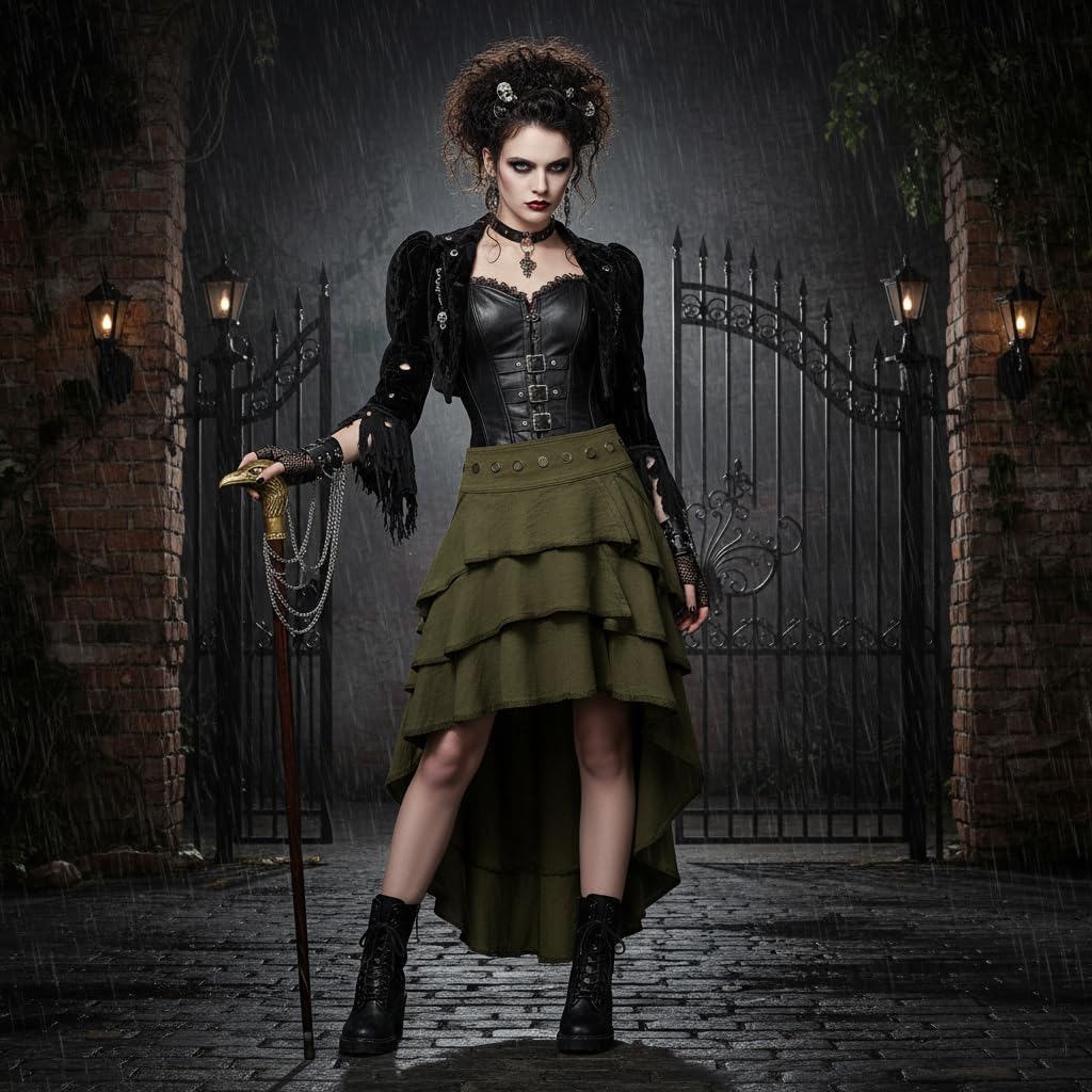 Women Steampunk Victorian Gothic Costume High-Low Ruffled Skirt Halloween Party Cosplay - Image 2
