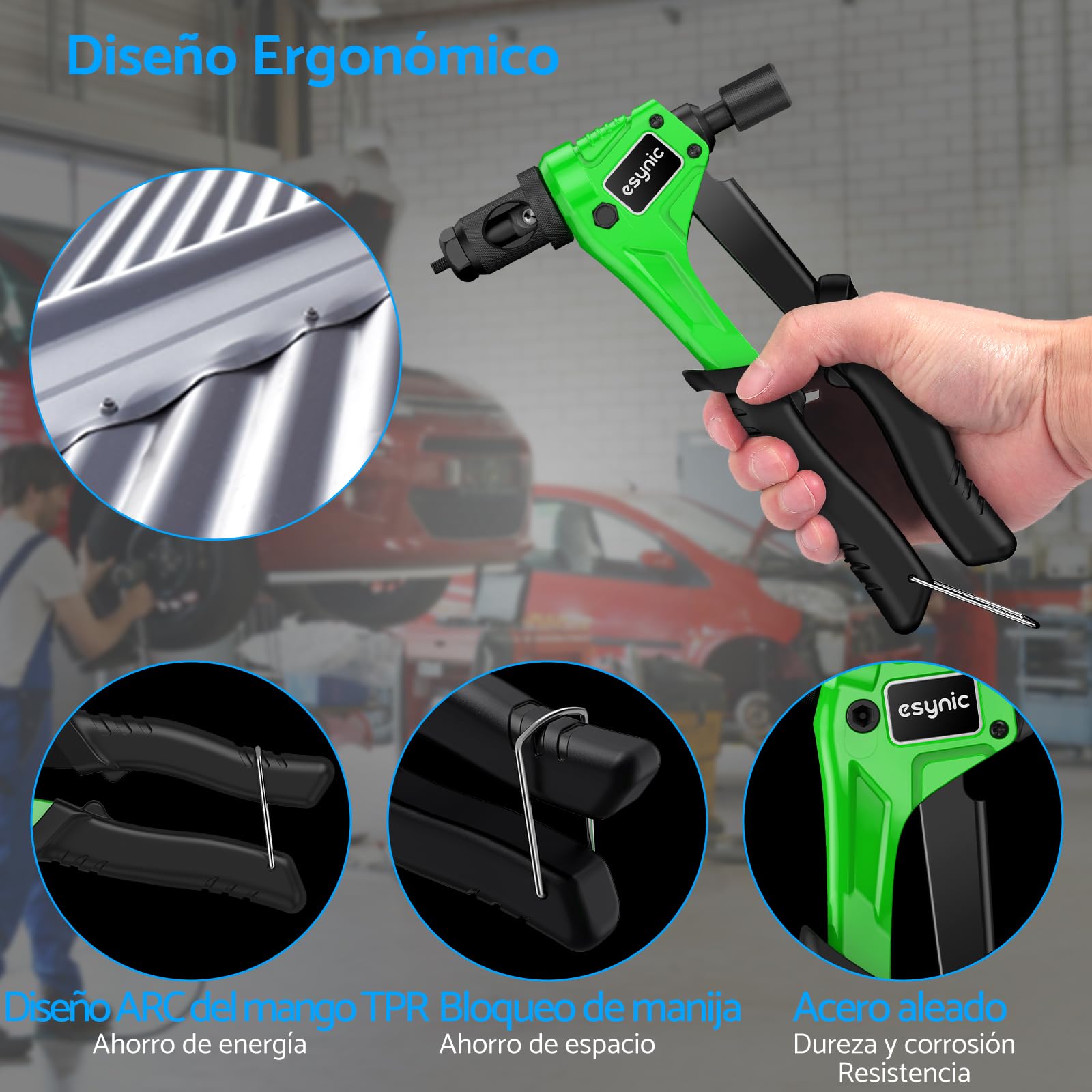 eSynic 8 "Remachadora de Tuercas, Pistola de Remachadora Manual con 100pcs de M3 M4 M5 M6 Tuercas de Remache y Un Estuche Resistente Herramienta Robusta y Ergonómica para Trabajos de Reparación