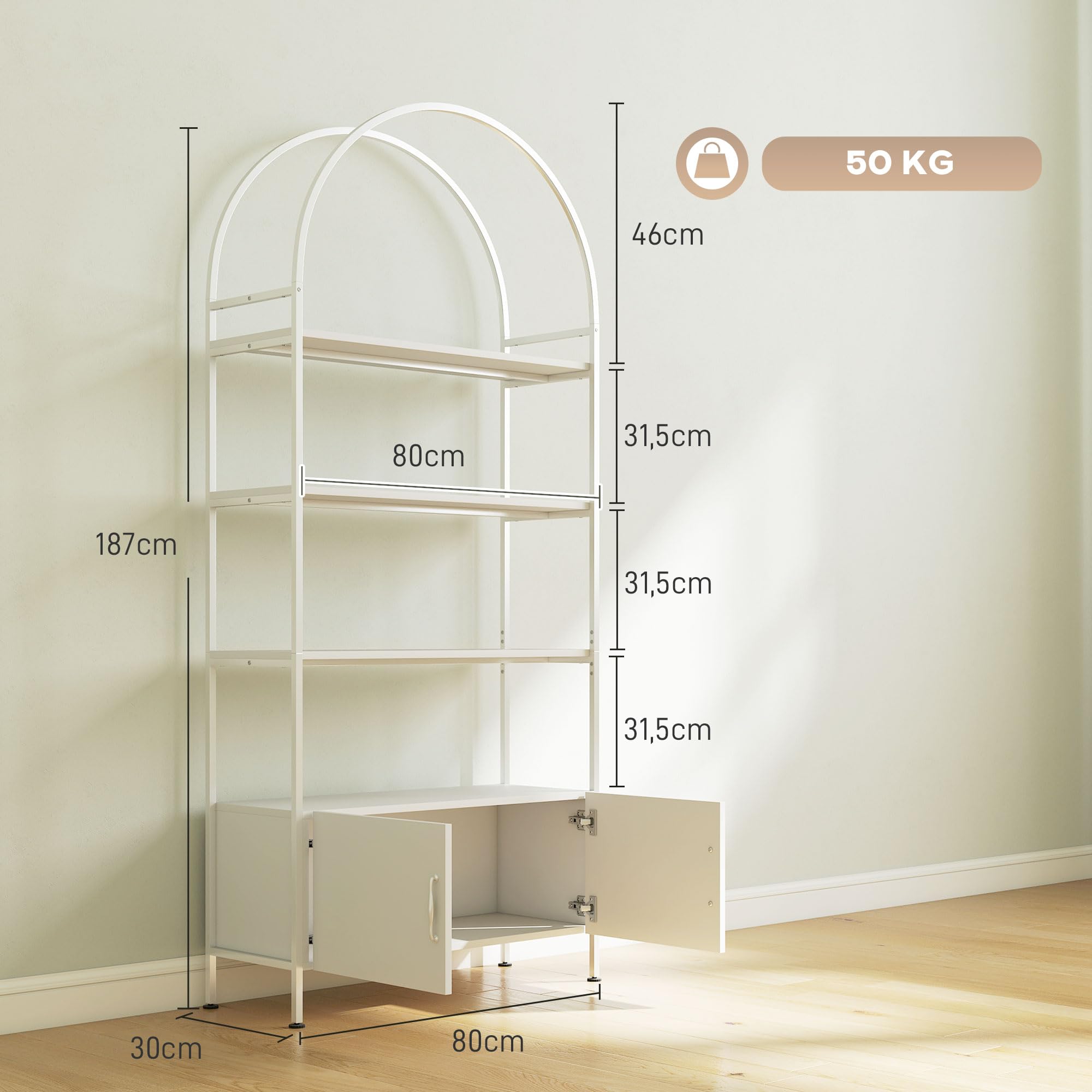 HOMCOM Aufbewahrungsregal, geschwungene Bibliothek auf 4 Ebenen mit zweitürigem Schrank, verstellbare Kufen, Stahlstruktur, für Büro, Wohnzimmer, Schlafzimmer, 80 x 30 x 187 cm, weiß | 4 Ebenen, Schrank mit Doppeltür, verstellbare Kufen, Struktur aus Stah