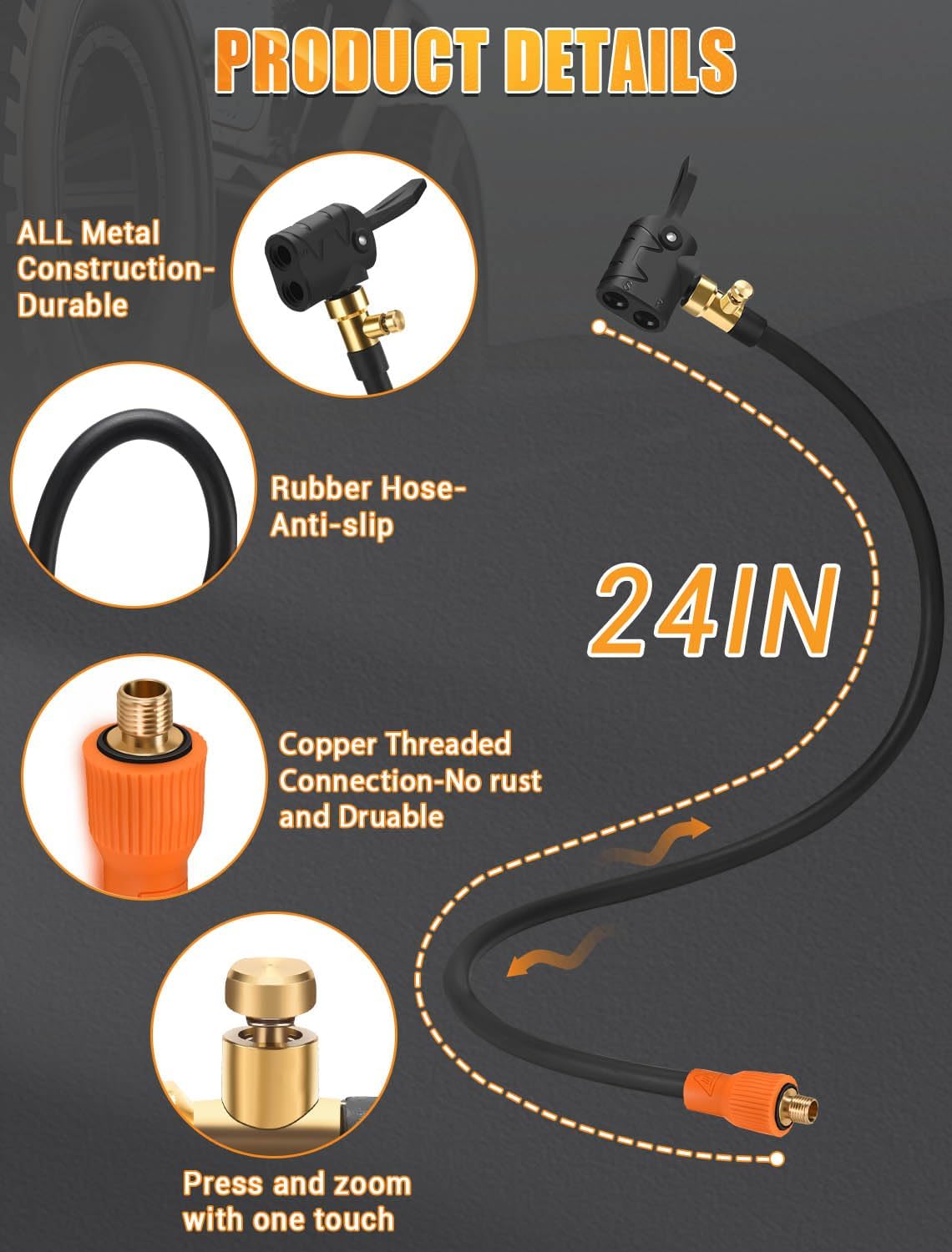 24'' Tire Inflator Extension Hose Adaptor, Presta/Schrader 2-in-1 locking Air Chuck, With Quick Air Release Button, for Bike Pump Portable Air Compressor Attachments