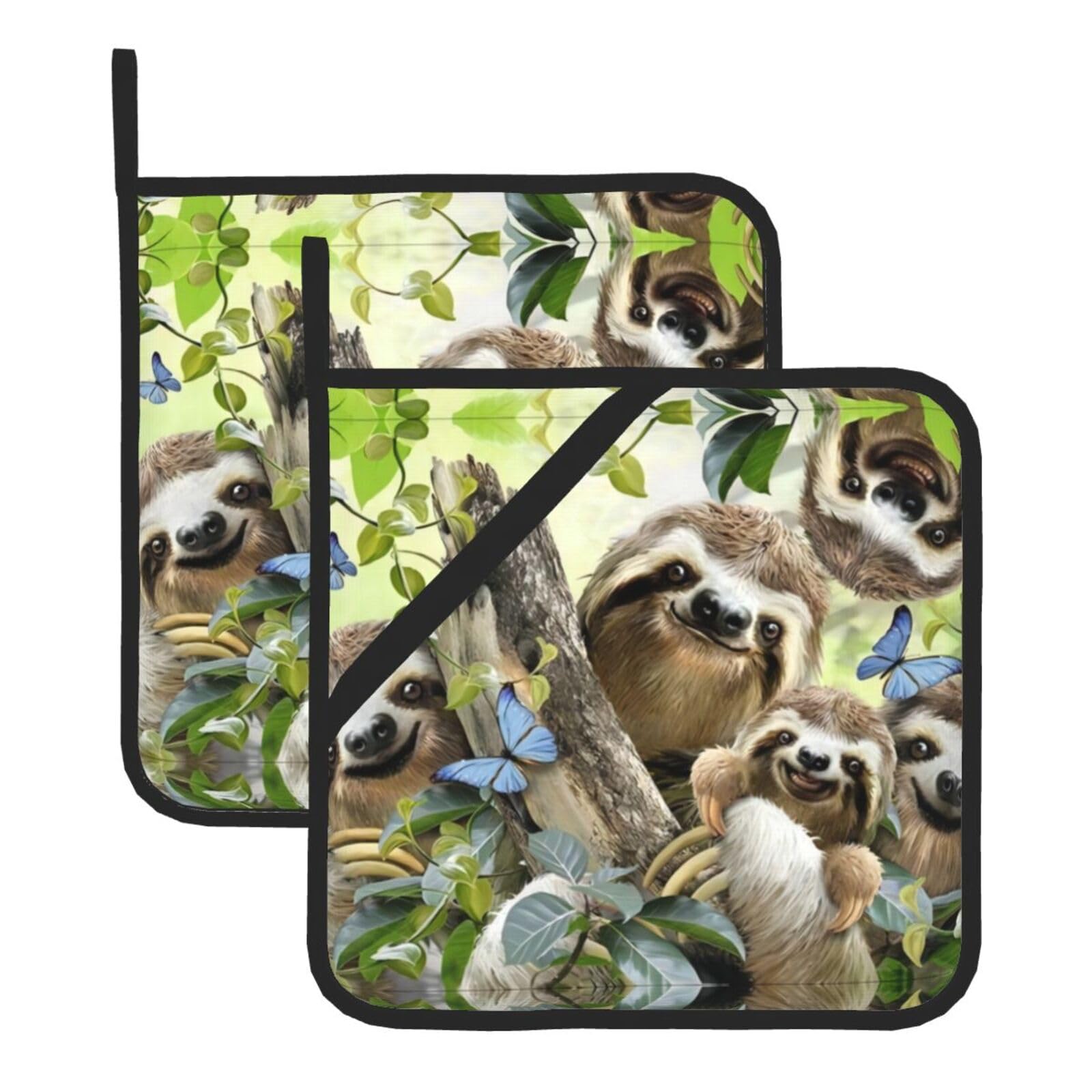 WHJSHOP Sloth Family Prints Square Hot Pads for Kitchen Counter - Thick Heat Resistant Trivets for Microwave & Oven, BBQ Grilling Cover (2 Pack)