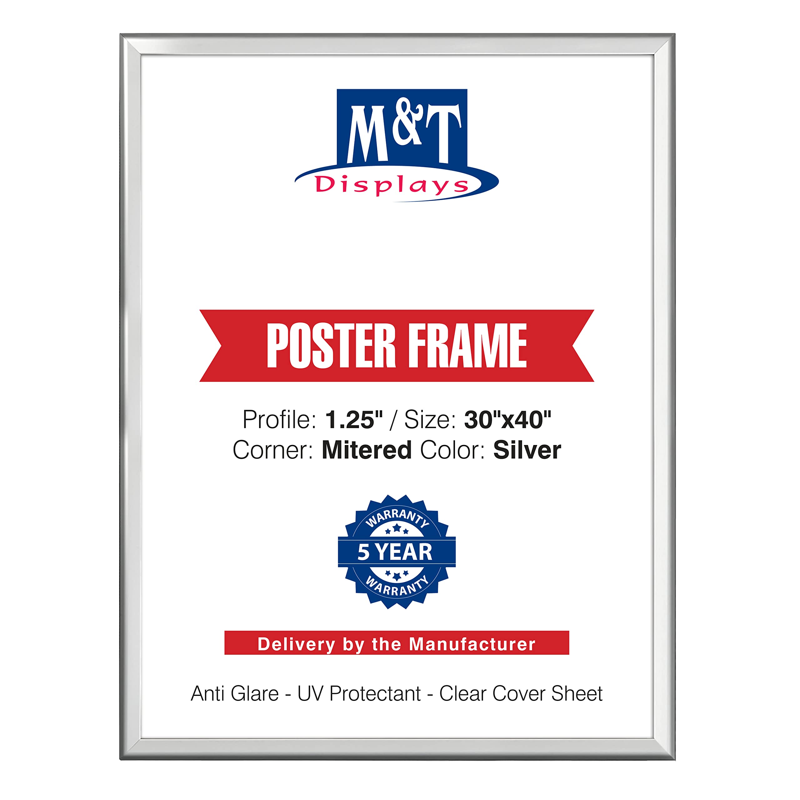 M&T Displays Snap Poster Frame Silver 1.25" Aluminum Profile Front Loading Wall Mounting Photo Picture Document Certificate Sign Holder Mitered Corner