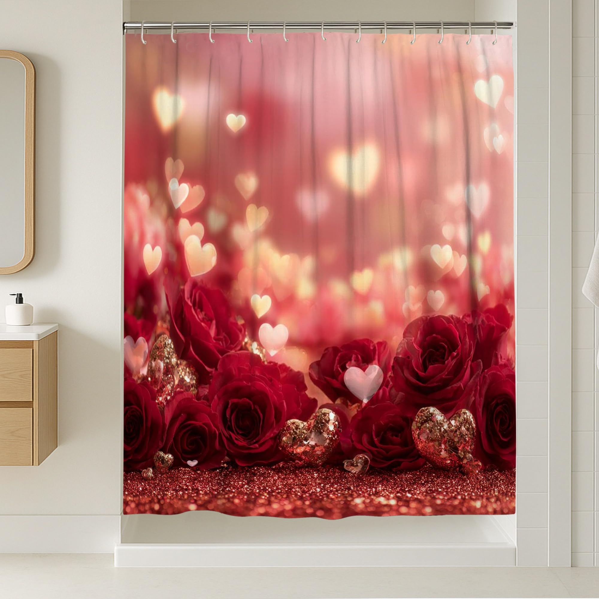 Rideau de douche extra long motifs roses et cœurs romantique pour salle de bain 183x243cm