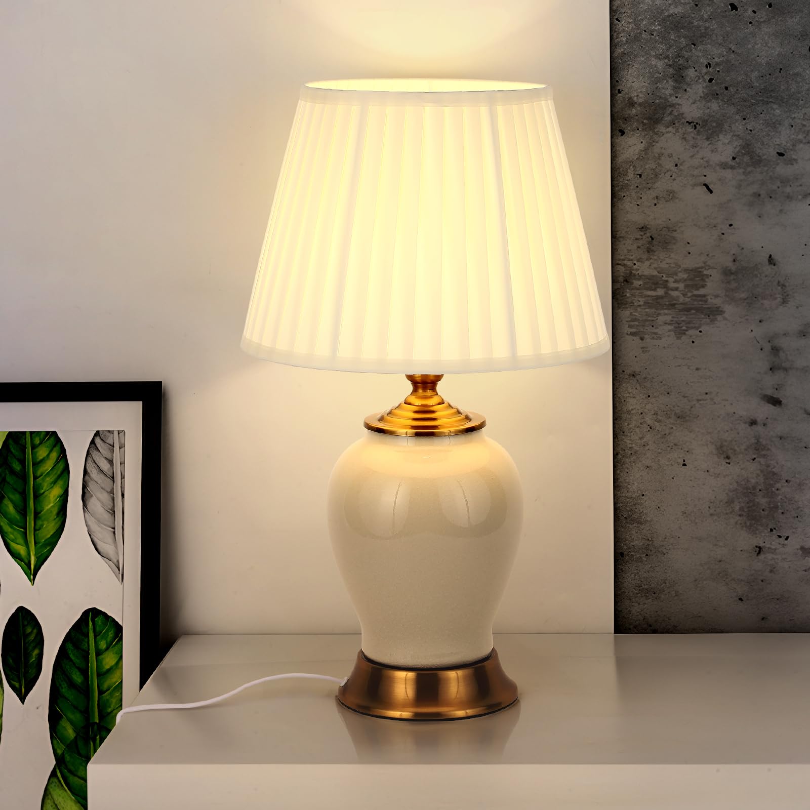 Lampada Da Tavolo E27 Lampade Da Comodino Moderne, Lampada Da Scrivania In Tessuto Bianco Paralume, Lampada Da Letto In Ceramica Decorazione Della Camera Da Letto Lampada Da Lettura, Bianco