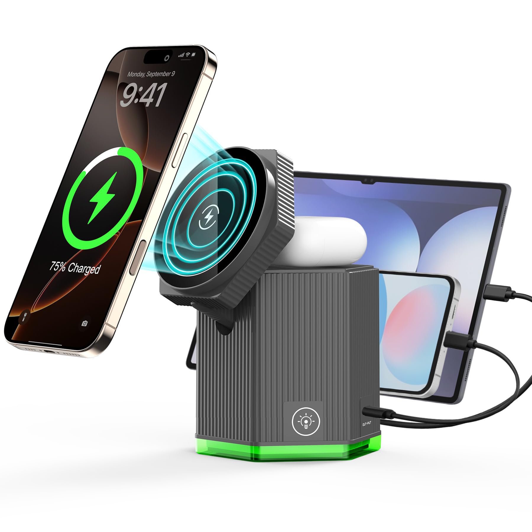 SERUW Estación de carga 5 en 1 para cargador magnético de Apple iPhone, soporte de carga inalámbrico rápido (1 USB y 2 tipo C) para iPhone 16, 15, 14, 13, 12 Series, Apple Watch, AirPods