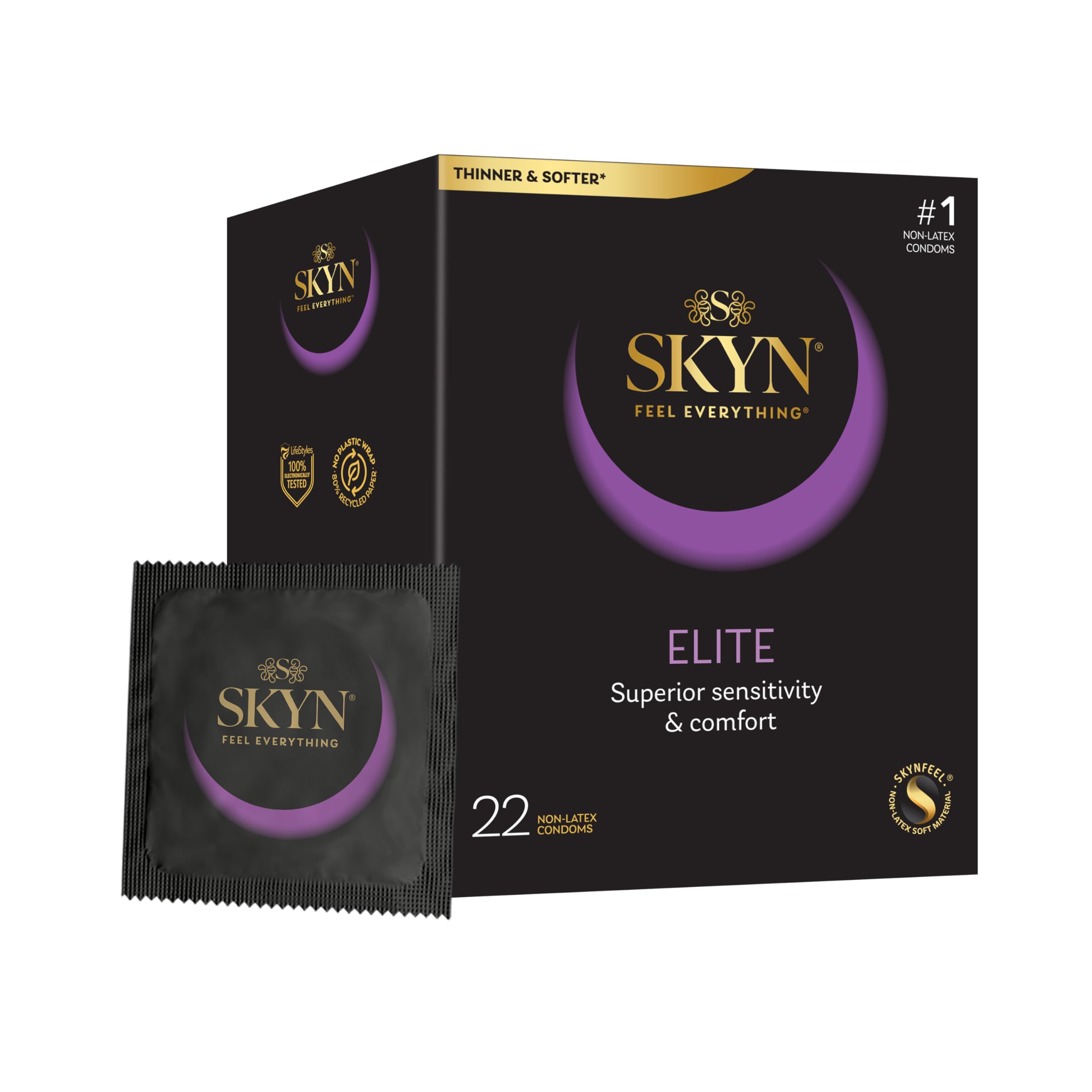 SKYN Elite Kondome (22 Stück), latexfrei, Skynfeel, für Männer, normale Größe, ultradünne und weiche Kondome, glatte gerade Form, 53 mm breit